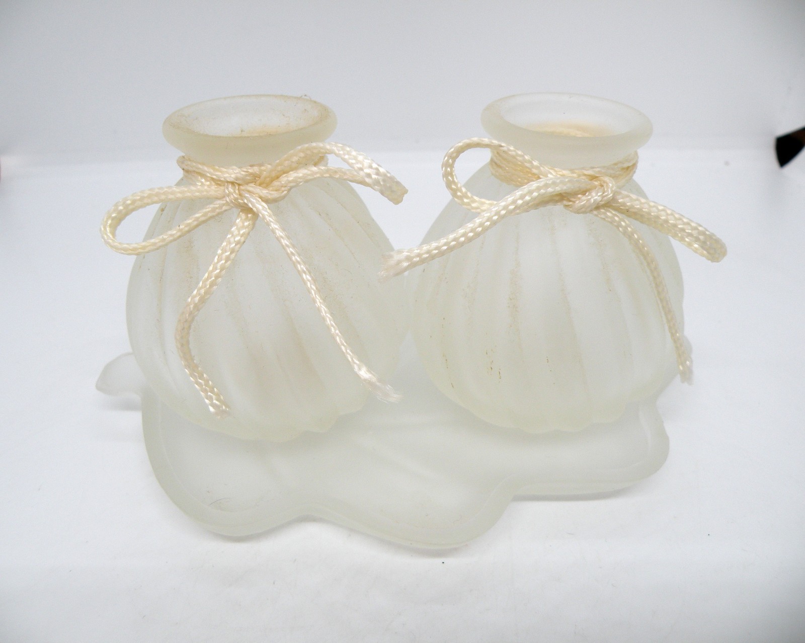 Set of Two Vintage Estated White Frosted Swirl Glass Vanity Vase with Leaf Tray