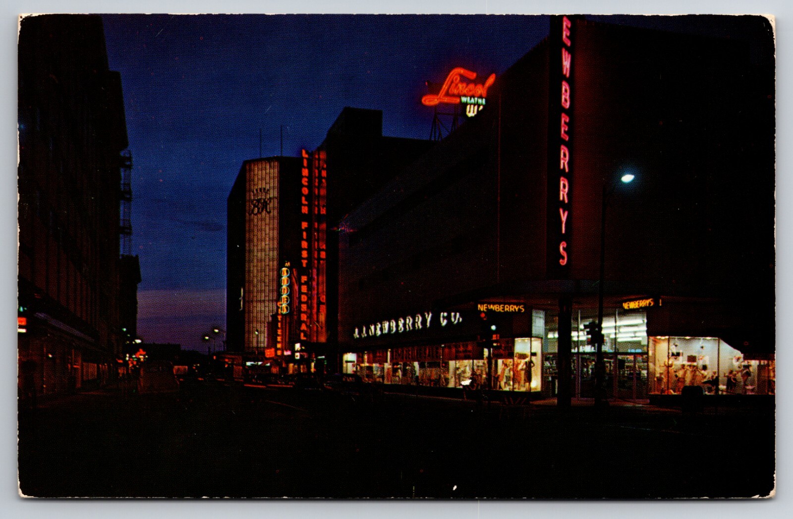 North on Wall Street Spokane Washington Newberry's at Night c1960 Postcard