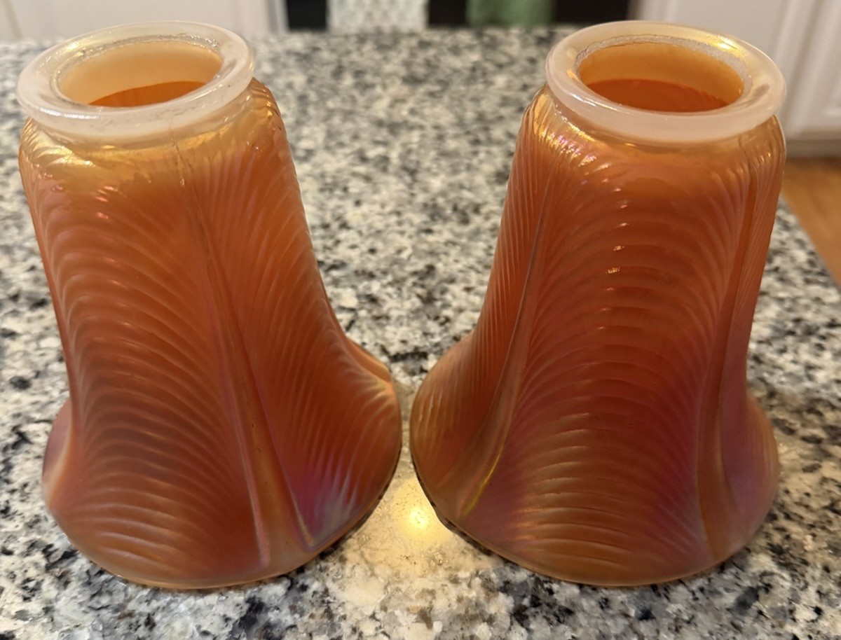 ANTIQUE NORTHWOOD CARNIVAL GLASS SHADE PILLAR DRAPE Opal MARYGOLD X2