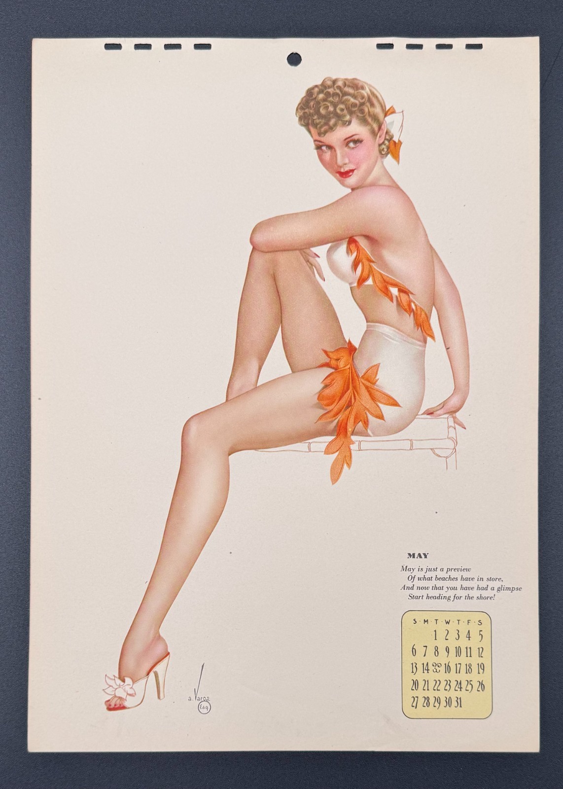 Original 1944 Varga Girl Calendar Page May Pin Up Beach Beauty Esquire 12x8.5