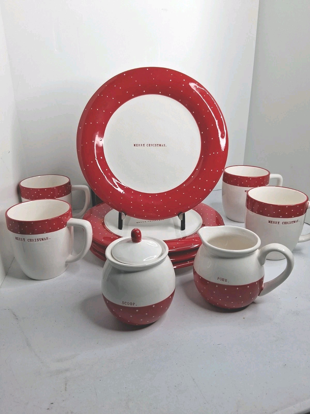 Rae Dunn Magenta CHRISTMAS POLKA DOTS SET 4 PLATES, CUPS, PLUS Very Rare RETIRED