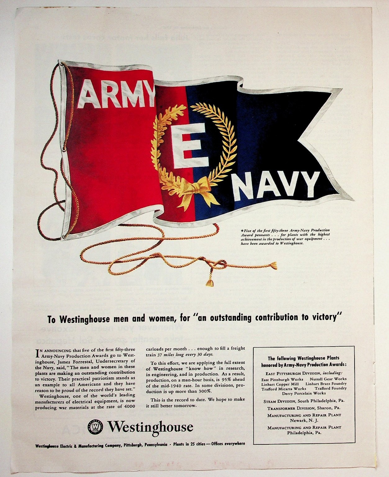 Westinghouse 1942 Original Army Navy Print Advertisement 10x13 WWII