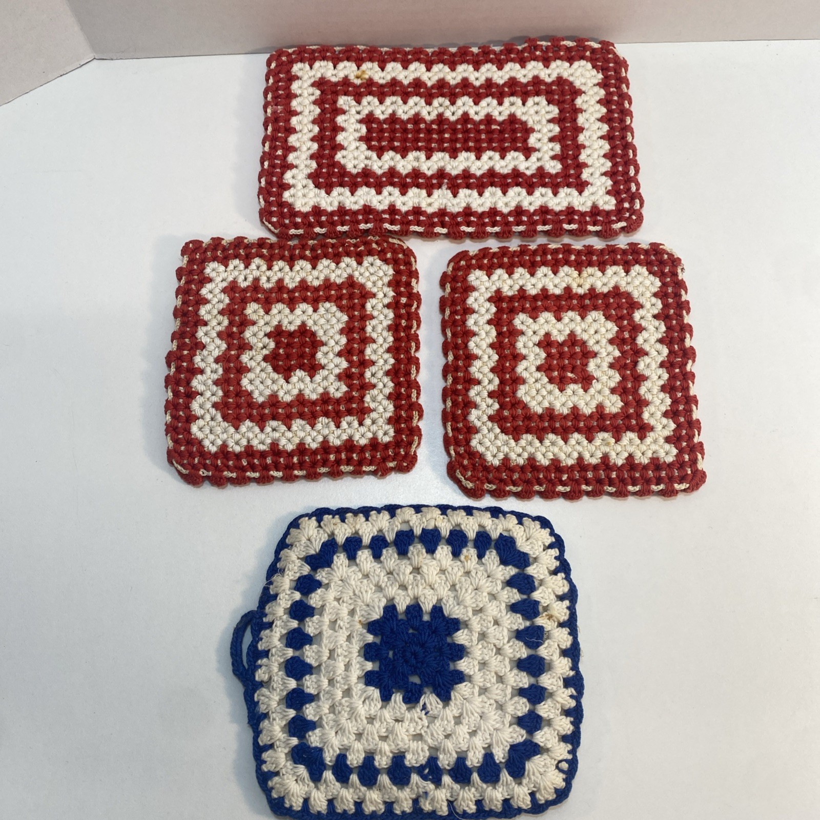 Vintage Handmade Potholders Trivet Crocheted Red White Blue Lot of 4 READ