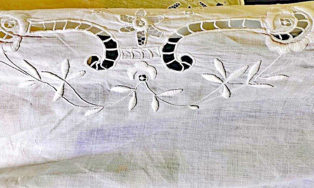 Antique Hand Embroidered Linen Tablecloth w/ Openwork & Monogram  WW542