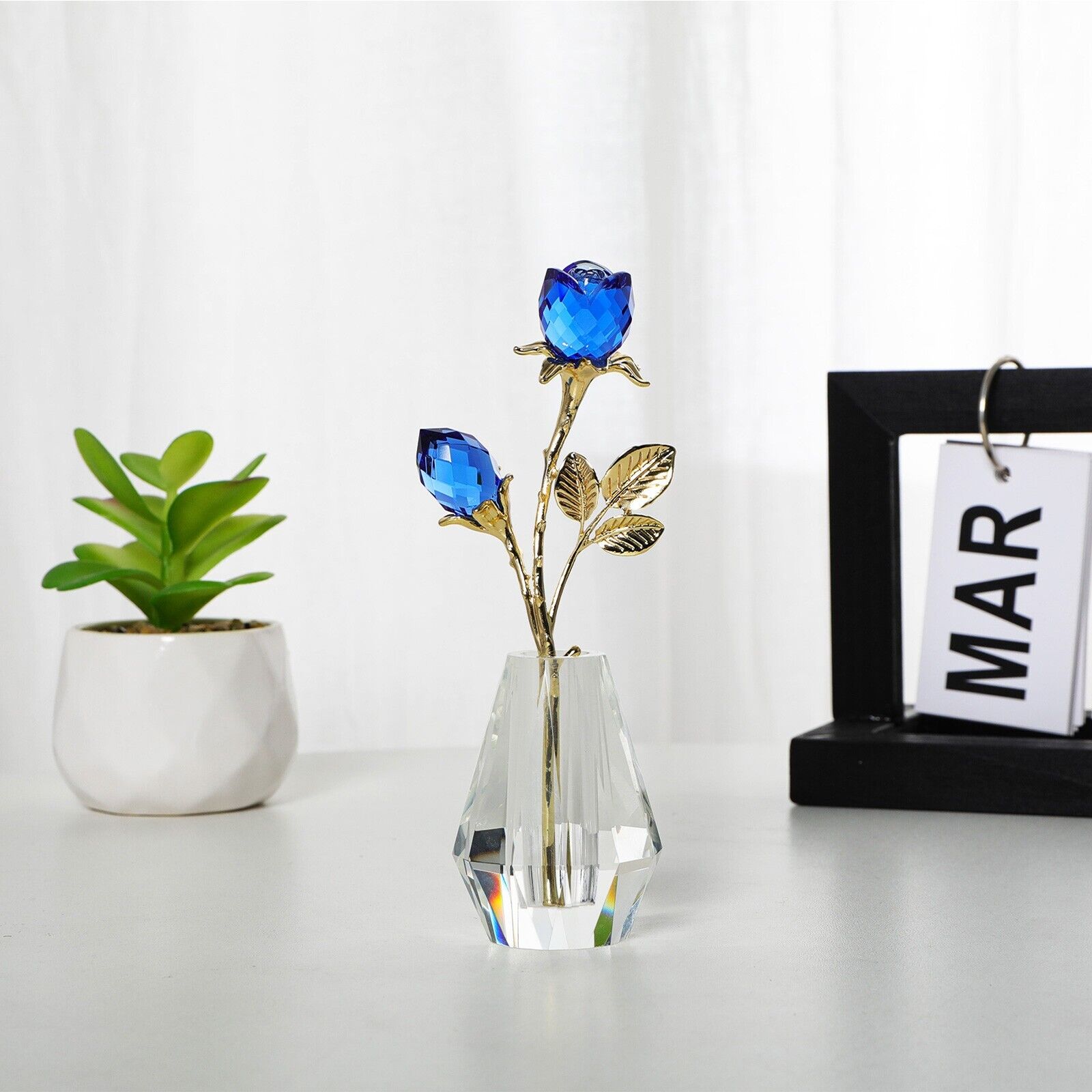 Crystal Rose Flower Figurine with Vase Handmade Blue Rose Flower Gifts for Woman