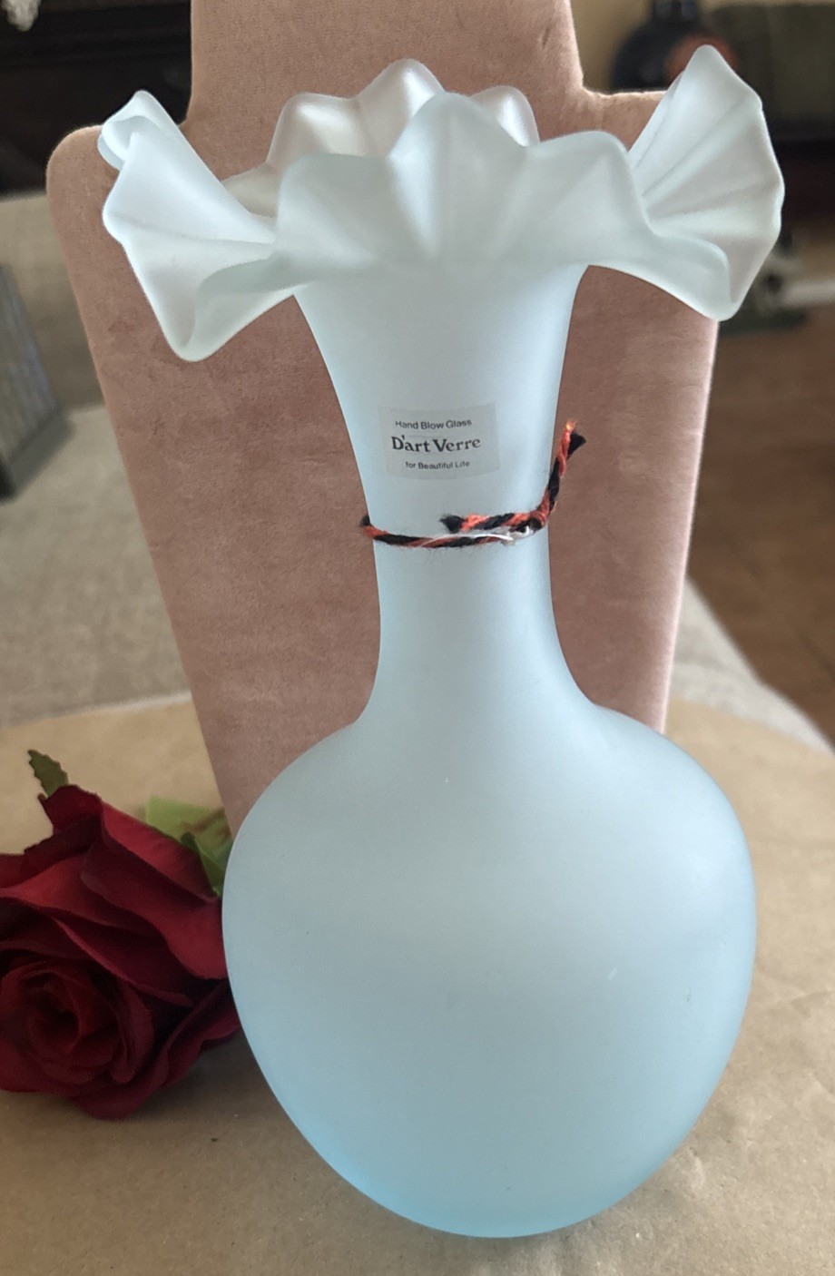 VTG D’art Verre French Blue Satin Glass VaseHand Blown Ruffled Cases France9” VTG D’art Verre French Blue Satin Glass VaseHand Blown Ruffled Cases France9”