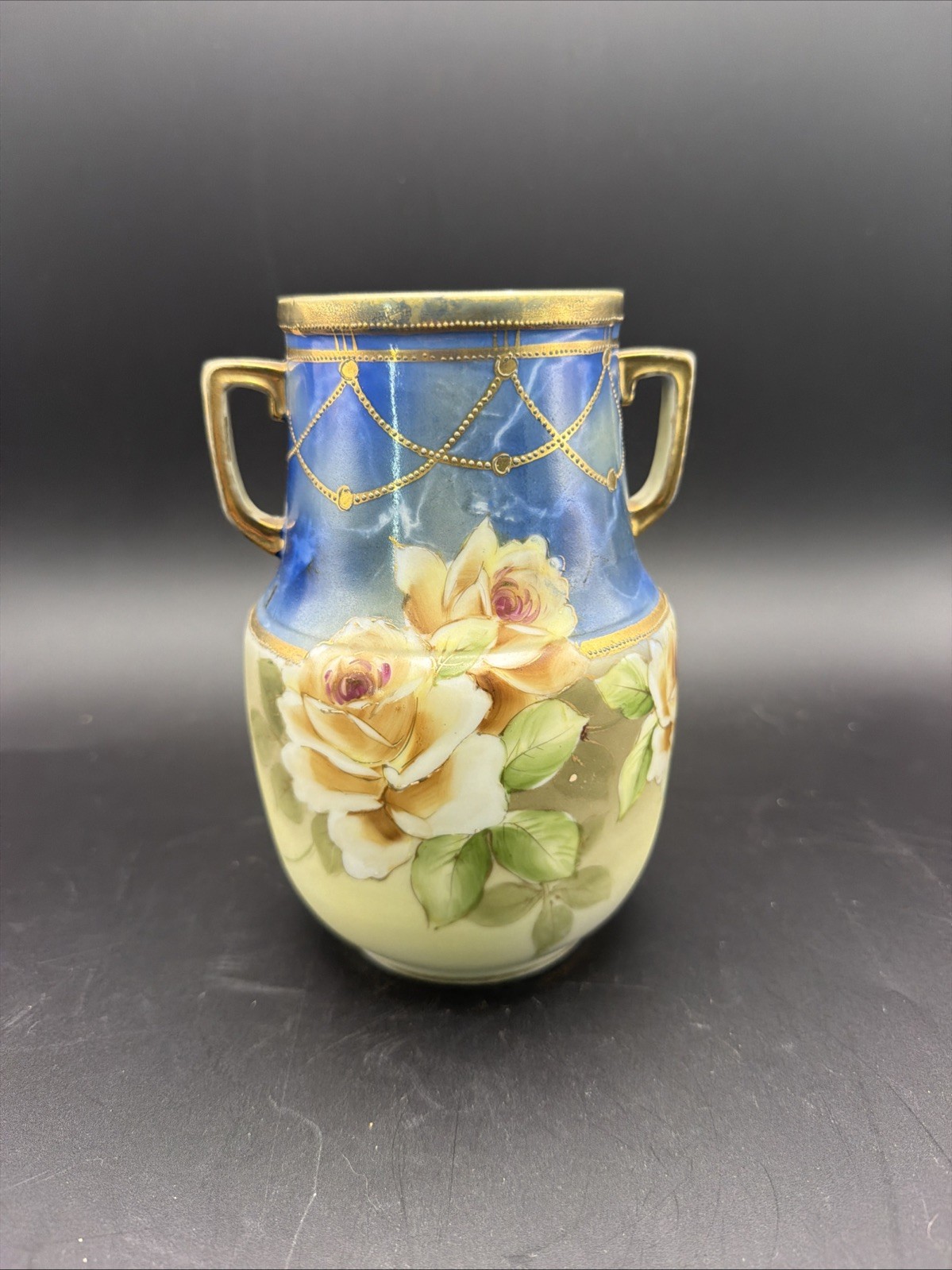 Antique Hand Painted Nippon Vase Cobalt Blue Roses Gold Gilt Double Handle 7”
