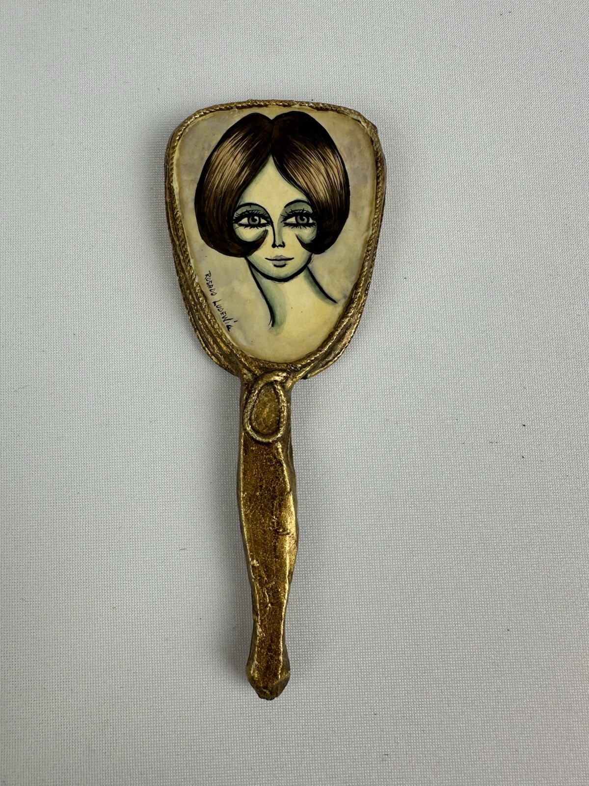 Vintage Hand Mirror Big Eyes Lady Portrait Gold Tone Vanity Mirror Signed