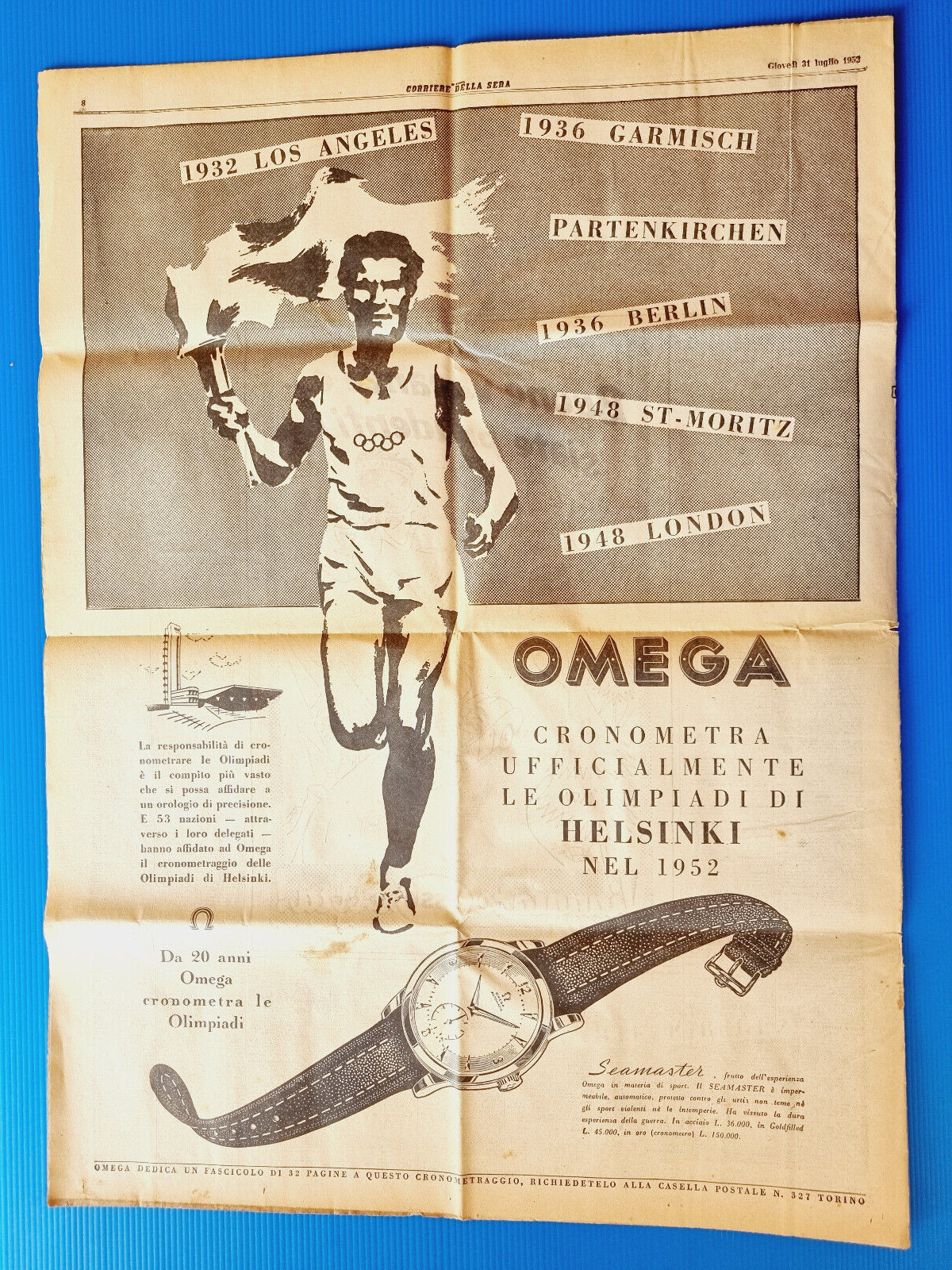 CORRIERE DELLA EVENING 31 JULY 1952 ADVERTISEMENT OMEGA OLYMPICS HELSINKI-CHURCHILL