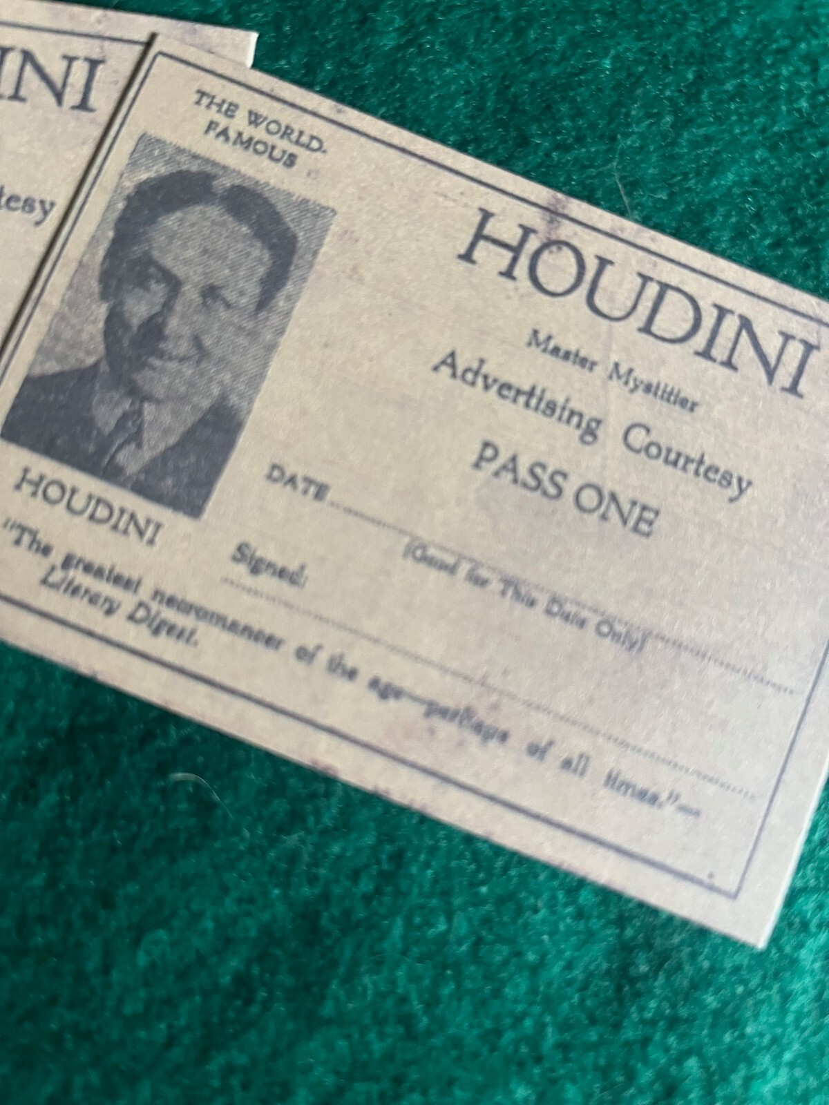 Houdini, Reprint, Complimentery Guest Pass for one show, rare collectible