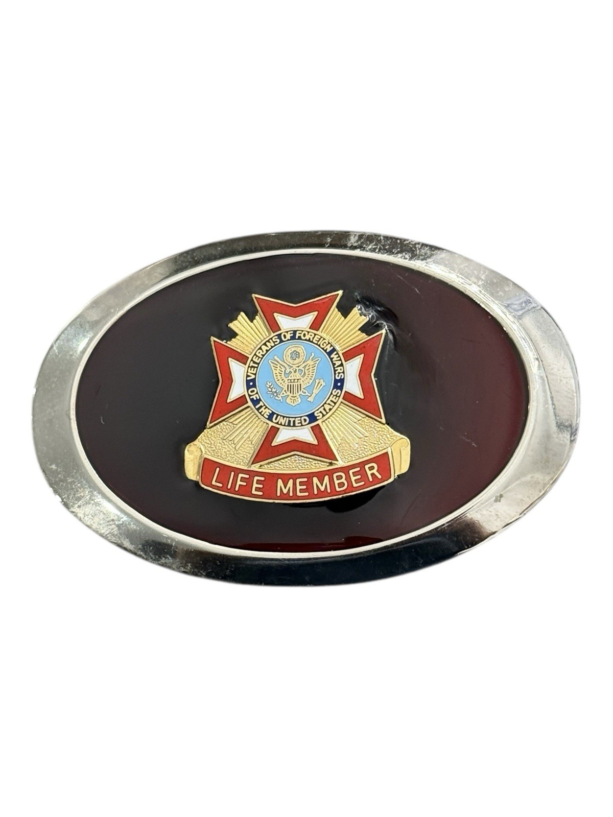 VFW Life Member Belt Buckle Veterans Foreign Wars Enamel Oval Vintage