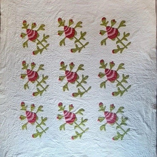 Antique 19th C Strawberry Or Pineapple Applique Quilt Turkey Red Green 10 SPI