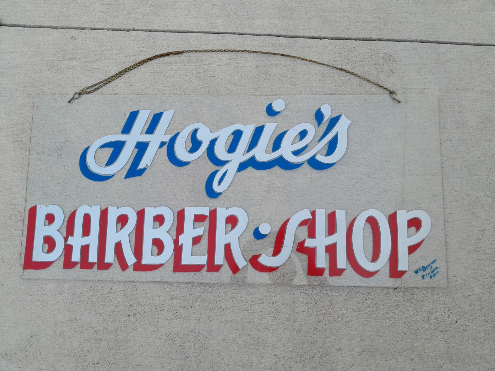 Rare Vintage Retired Mid Century Hogie\'s Barber Shop Hand Painted Sign 44x20