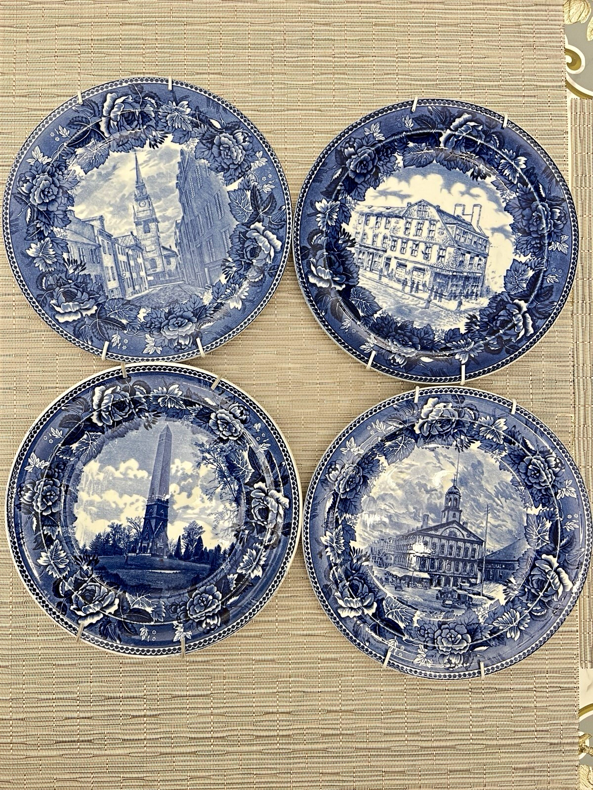 Set of 4 Wedgwood Blue Transferware Historical Plates Boston with Wall Hangers