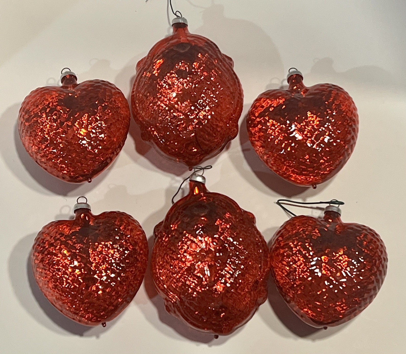 6 VTG West Germany Christmas Ornament Embossed Red Half Clear Reflector Bumpy