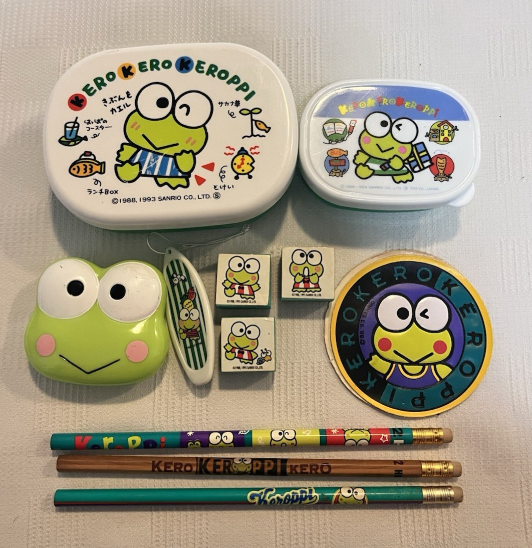 Vintage Sanrio Kerokerokeroppi Keroppi Pencils Mini Container Sticker & More 90s