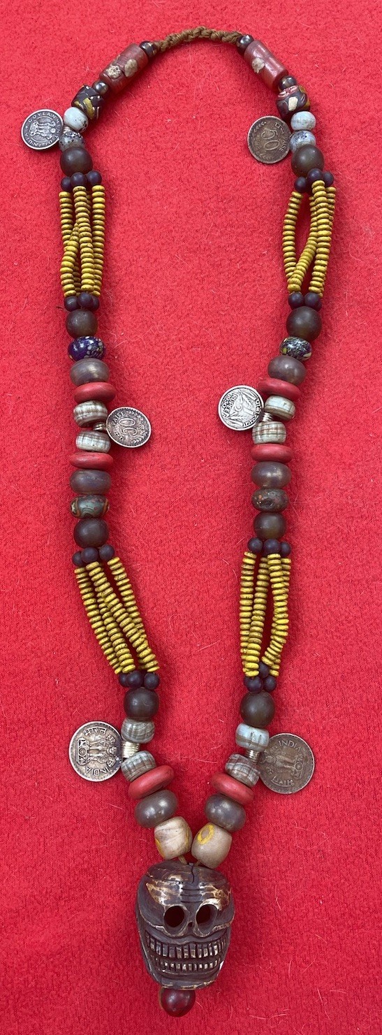 Naga Headhunter Vintage Carved Skull ~ Coin And Bead Medicine Necklace Naga Headhunter Vintage Carved Skull ~ Coin And Bead Medicine Necklace