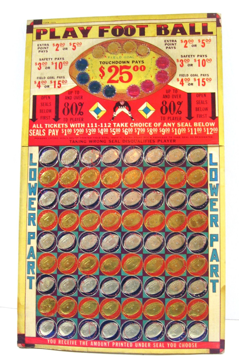 Vintage Play Football $25.00 Prize Punch Prize Board Gambling Old Store Stock