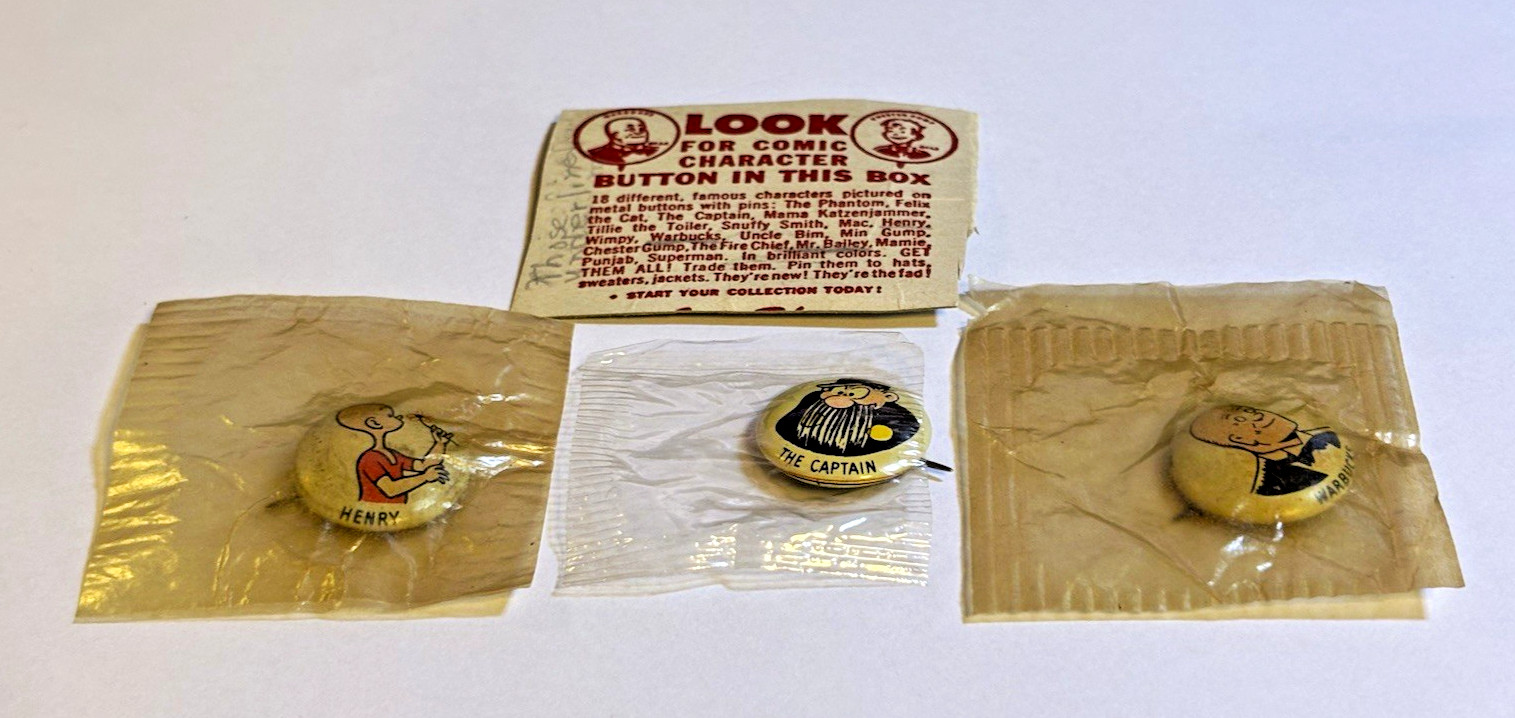 Vtg 1940s Kelloggs PEP Cereal Pins Lot Henry Warbucks Captain + Box Insert Card⁠