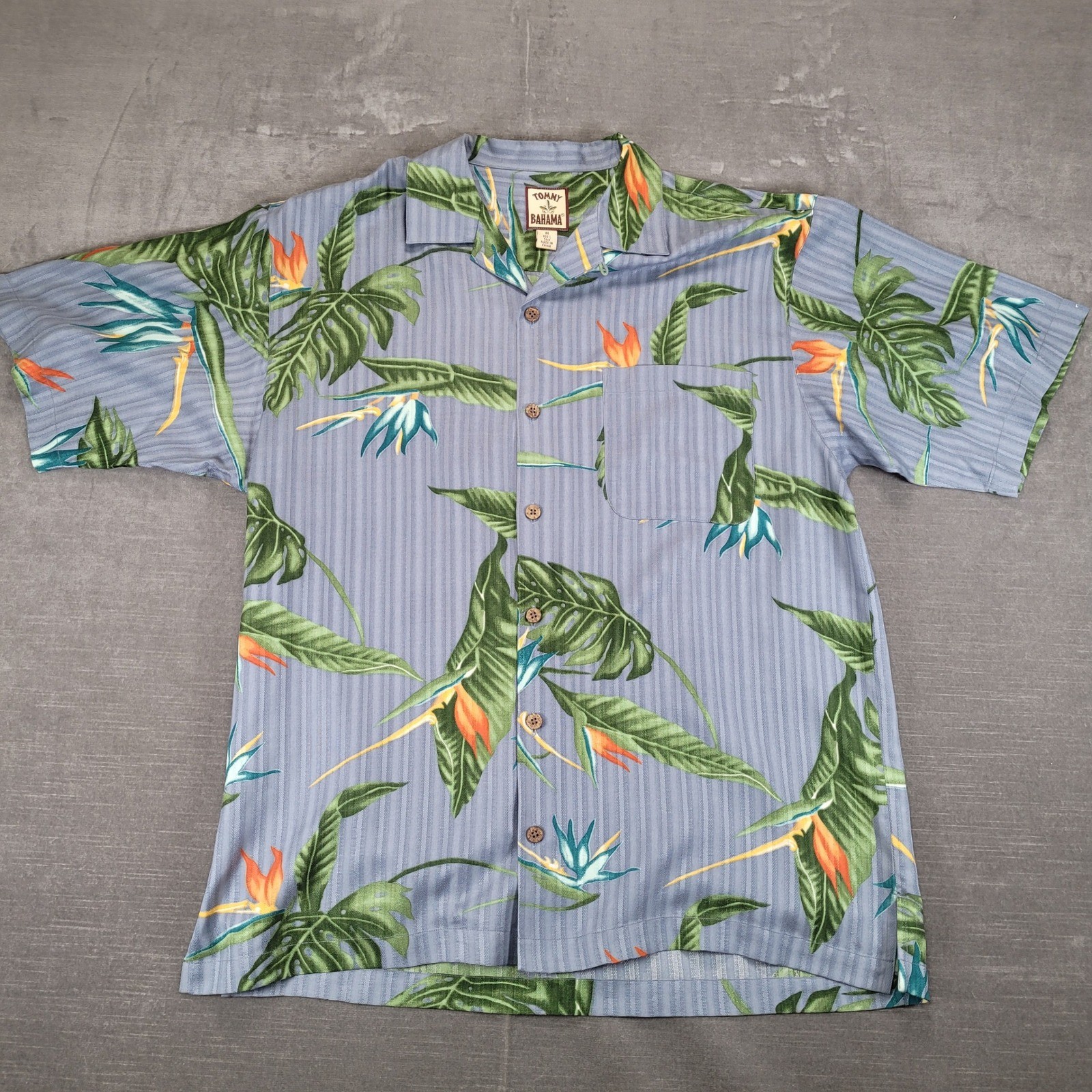 Tommy Bahama Mens Short Sleeve Hawaiian Shirt Bird Paradise Blue Striped Size Lg