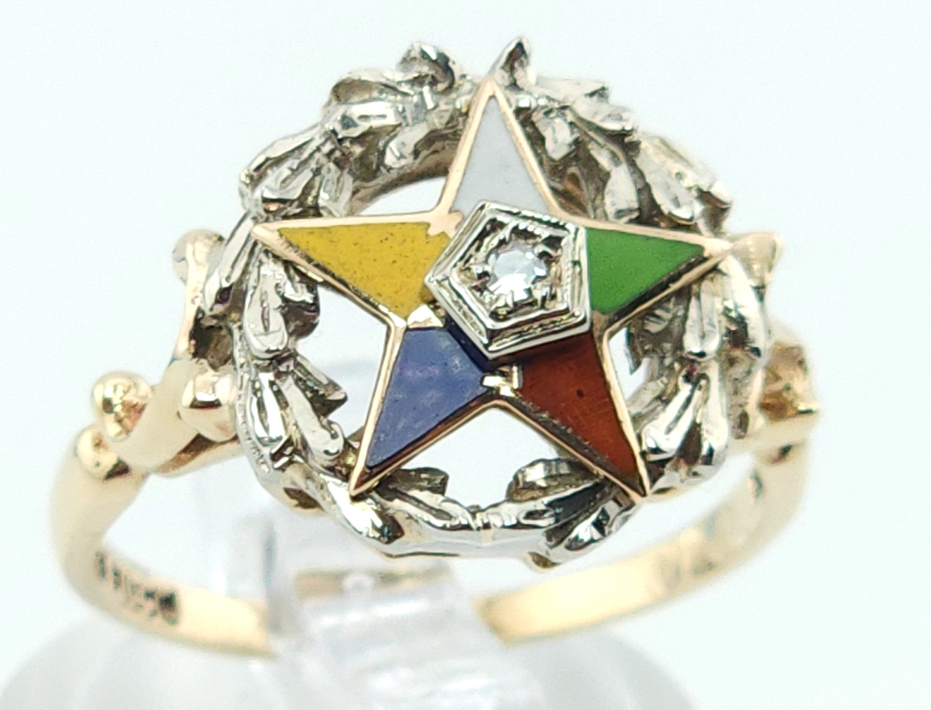 Vintage 10 K Two Tone Gold Order of the Eastern Star OES Diamond Sz 8 Ring