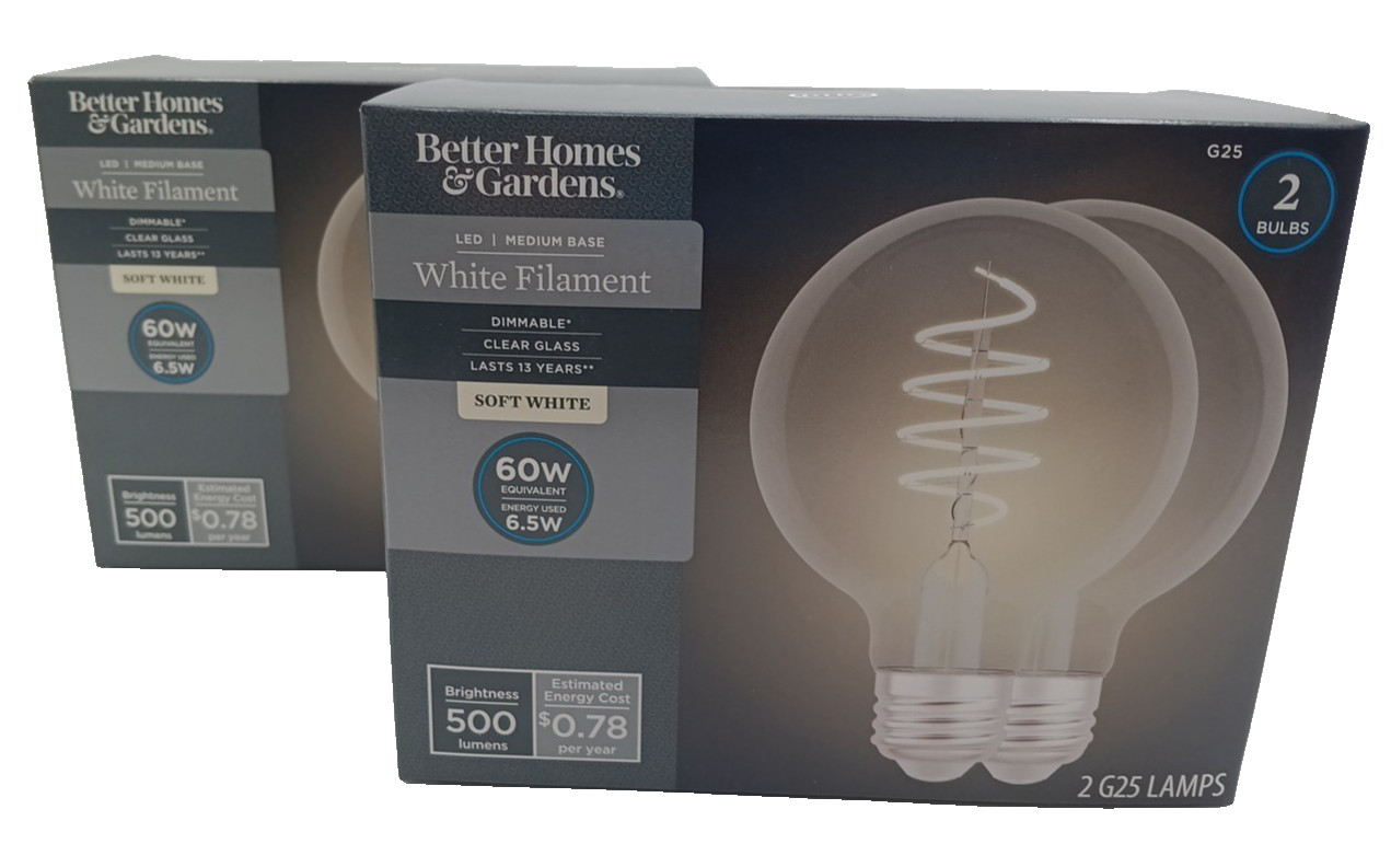  2 PK ( 4 Bulps ) Better Homes & Gardens 6.5W 60w G25 SOFT WHITE DIMMABLE CLEAR 