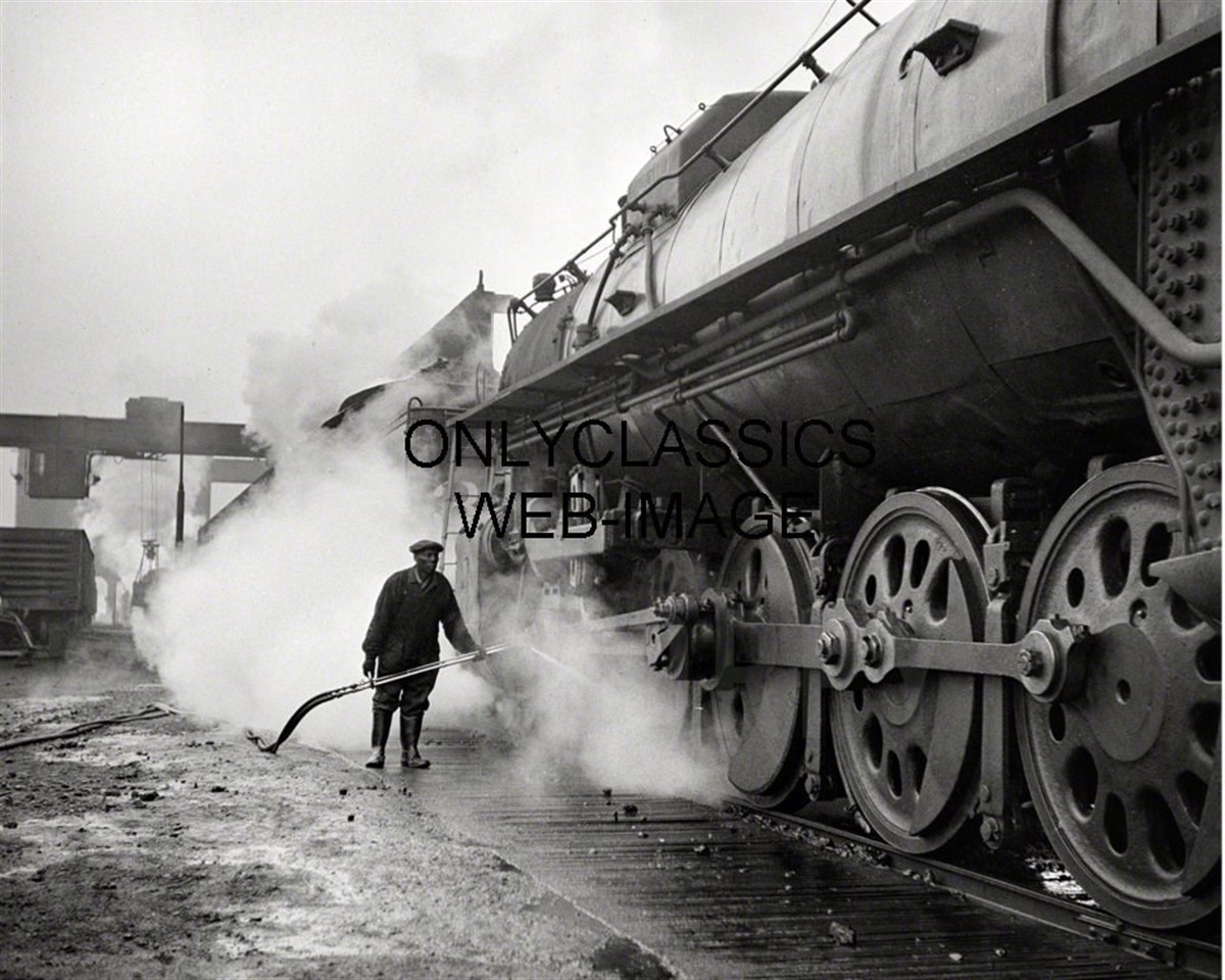 1942 Illinois Central Railyard Washing Locomotive Photo Old Steam Train Art Deco