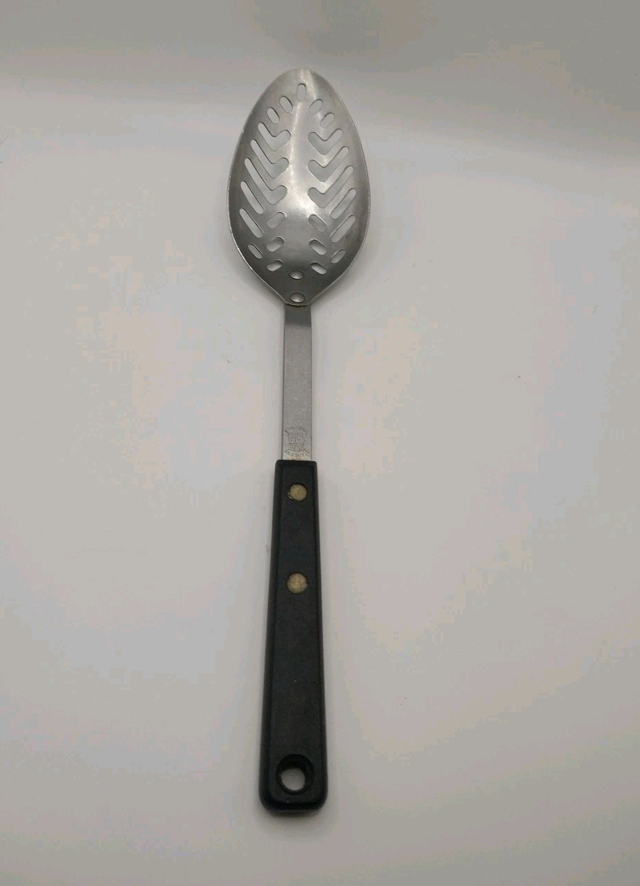 EKCO Forge Stainless Serving Slotted Spoon Black Handle 11.5” USA Vintage EKCO Forge Stainless Serving Slotted Spoon Black Handle 11.5” USA Vintage