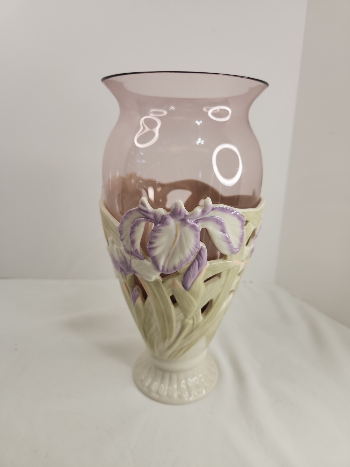 Lenox Purple PIERCED IRIS VASE Porcelain Glass Amethyst Insert  9