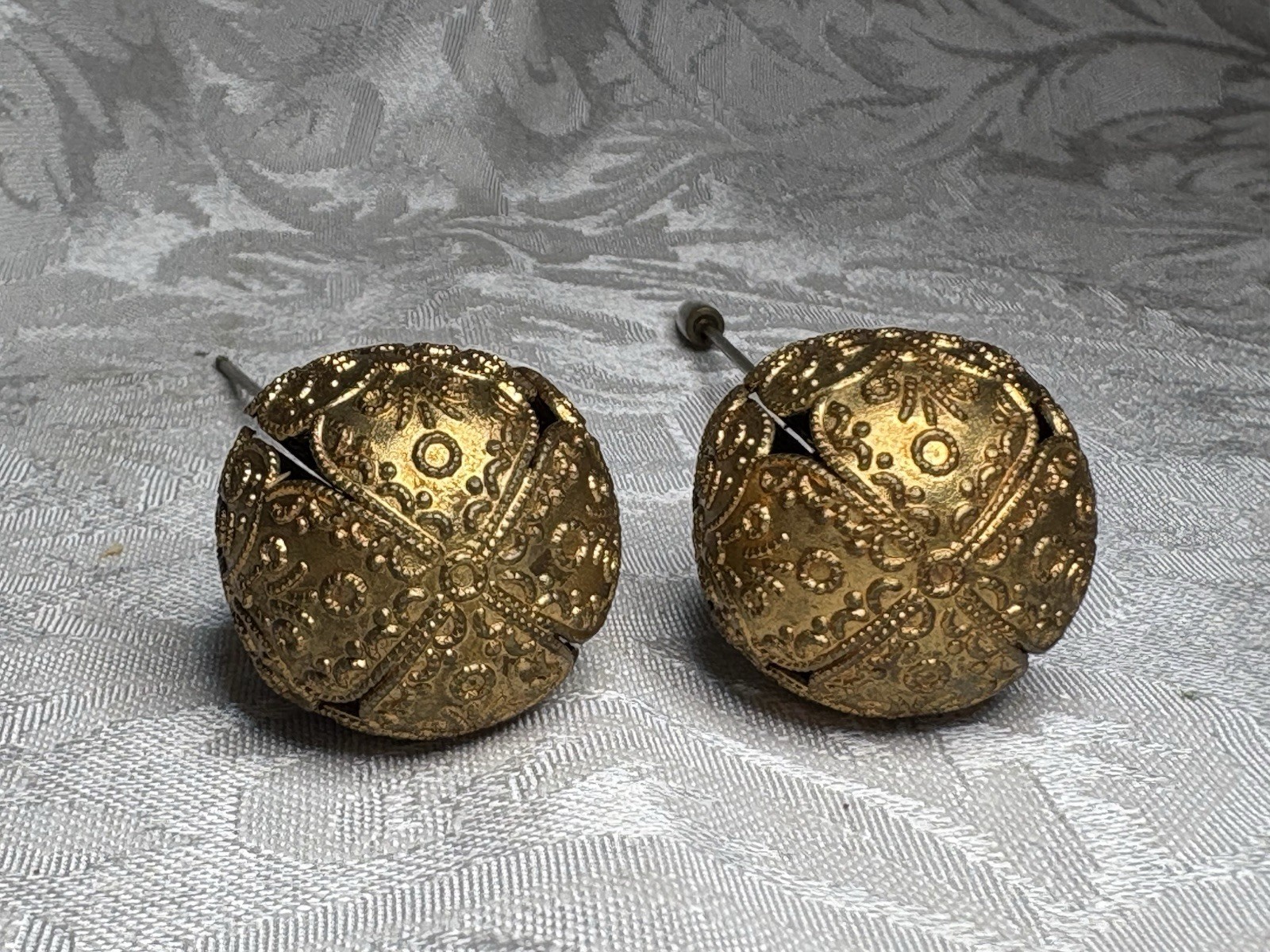 2 Antique Ornate Metal Orb Butterfly Milgrain Edge Stick Hat Pins 3 3/4”