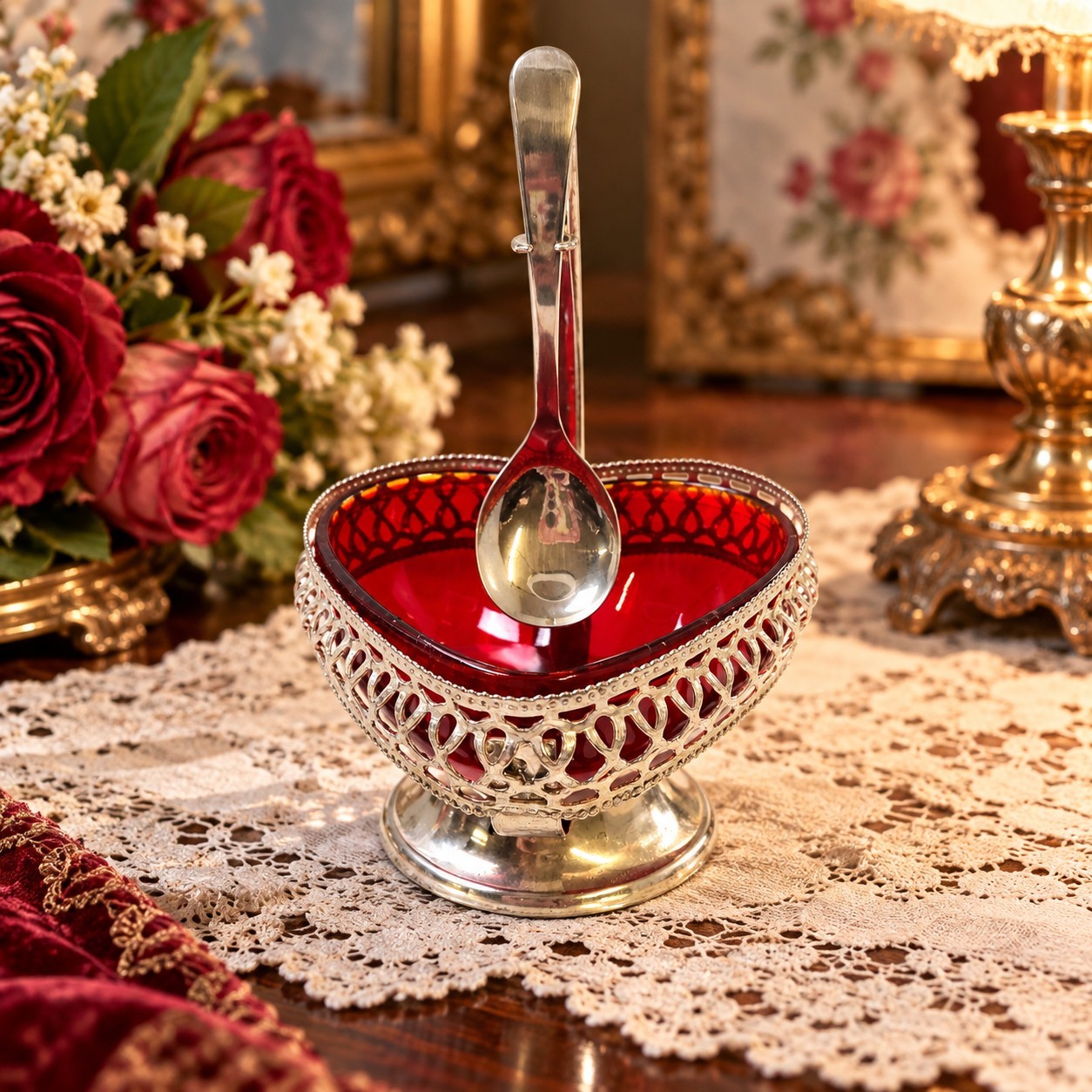 Vintage Ruby Red Glass Heart Shaped Candy Dish Silver Tone Filigree Bowl w Spoon