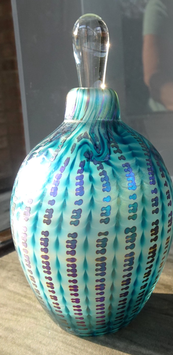 Signed 1989 Bruce Freund Studio Art Glass Blue Iridescent Zipper Perfume Bottle