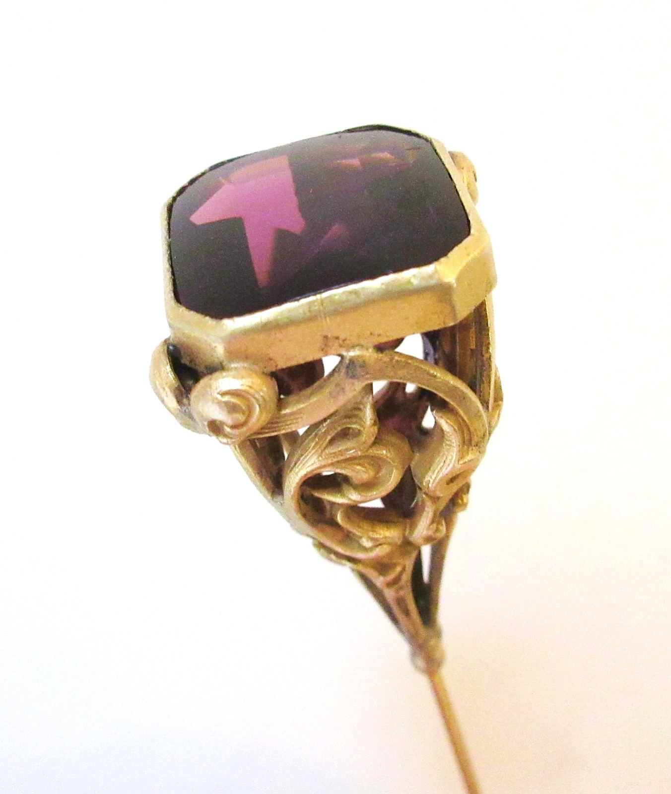 Antique Hatpin Amethyst Glass Elongated Openwork Brass