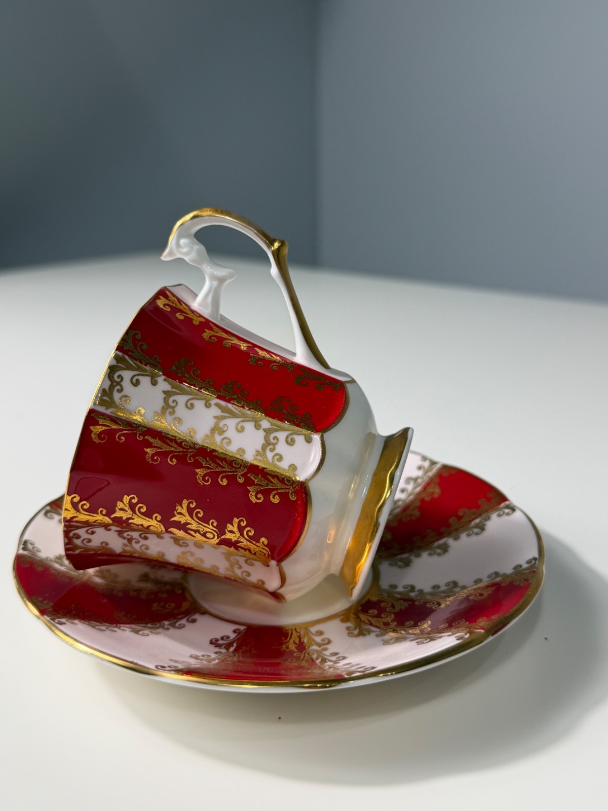 Vintage Royal Dover Bone China Teacup & Saucer Red Gold Ornate England