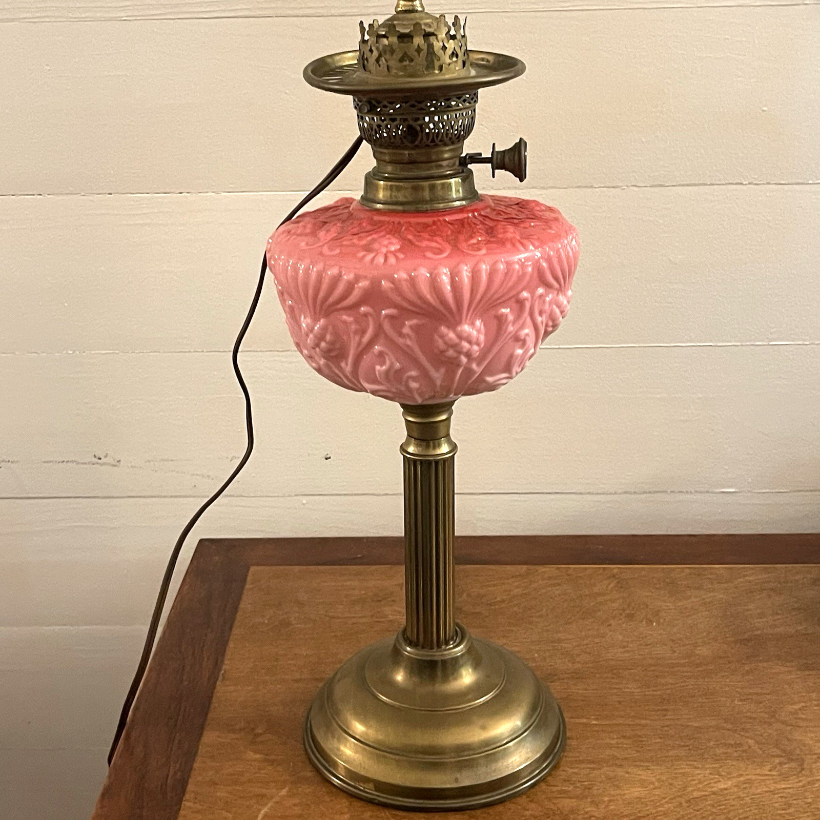 Atq Oil Lamp Cased Cranberry Glass Font Berries Duplex Burner Brass Base Electri