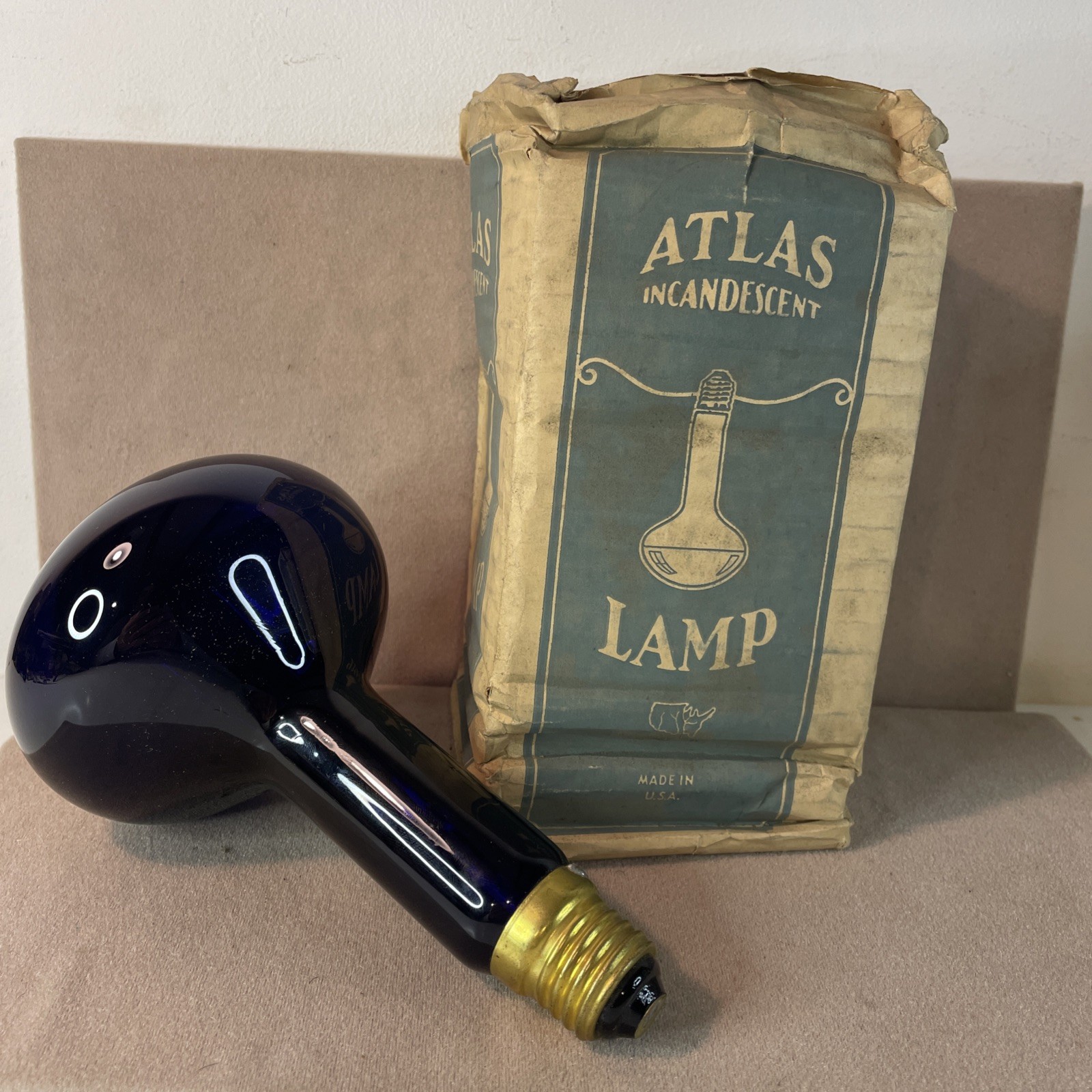 Vintage Atlas 50’s (?) Blue 75 (?) watt with sleeve light bulb Works Studio