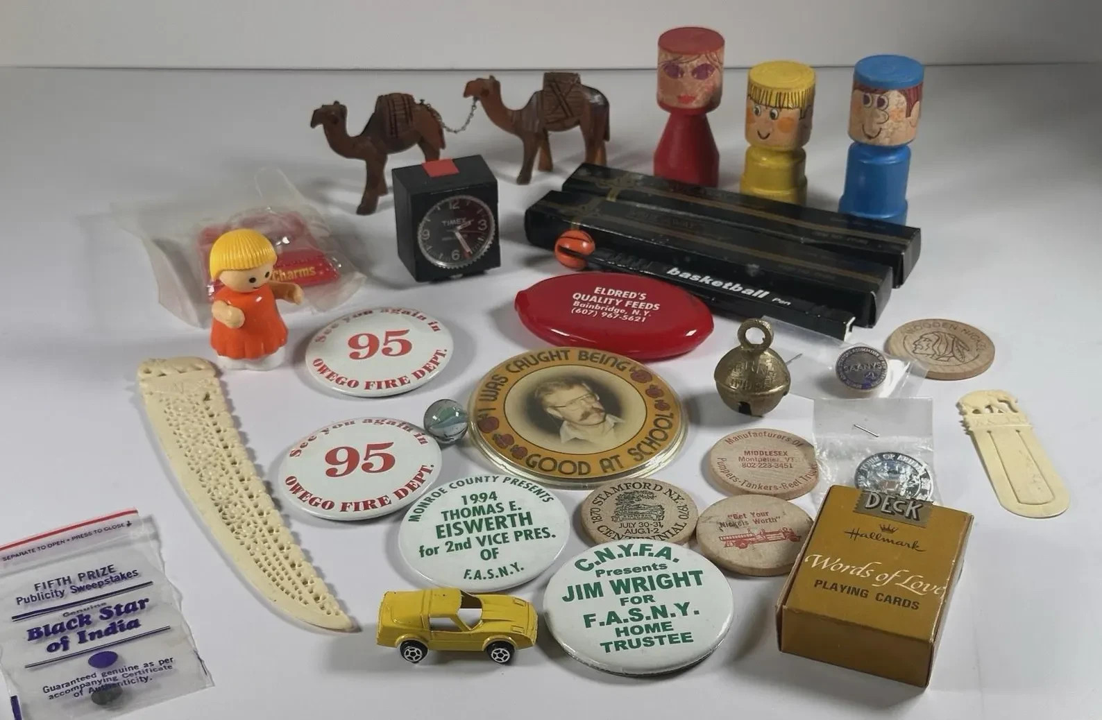 Grandpa’s Junk Drawer Vintage Lot of 30 Advertising Pins Toys Trinkets Ephemera