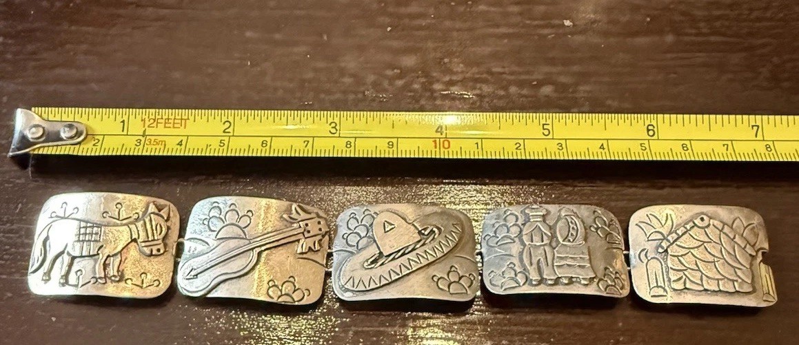 Vintage Mexican Sterling Silver Picture/Image Bracelet 7” 1.4 Oz Clasp Missing