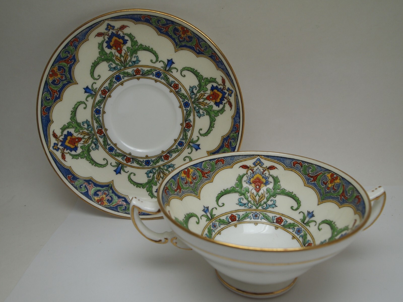 Antique Minton's Davis Collamore New York Blue Floral Coffee Soup Cup and Saucer