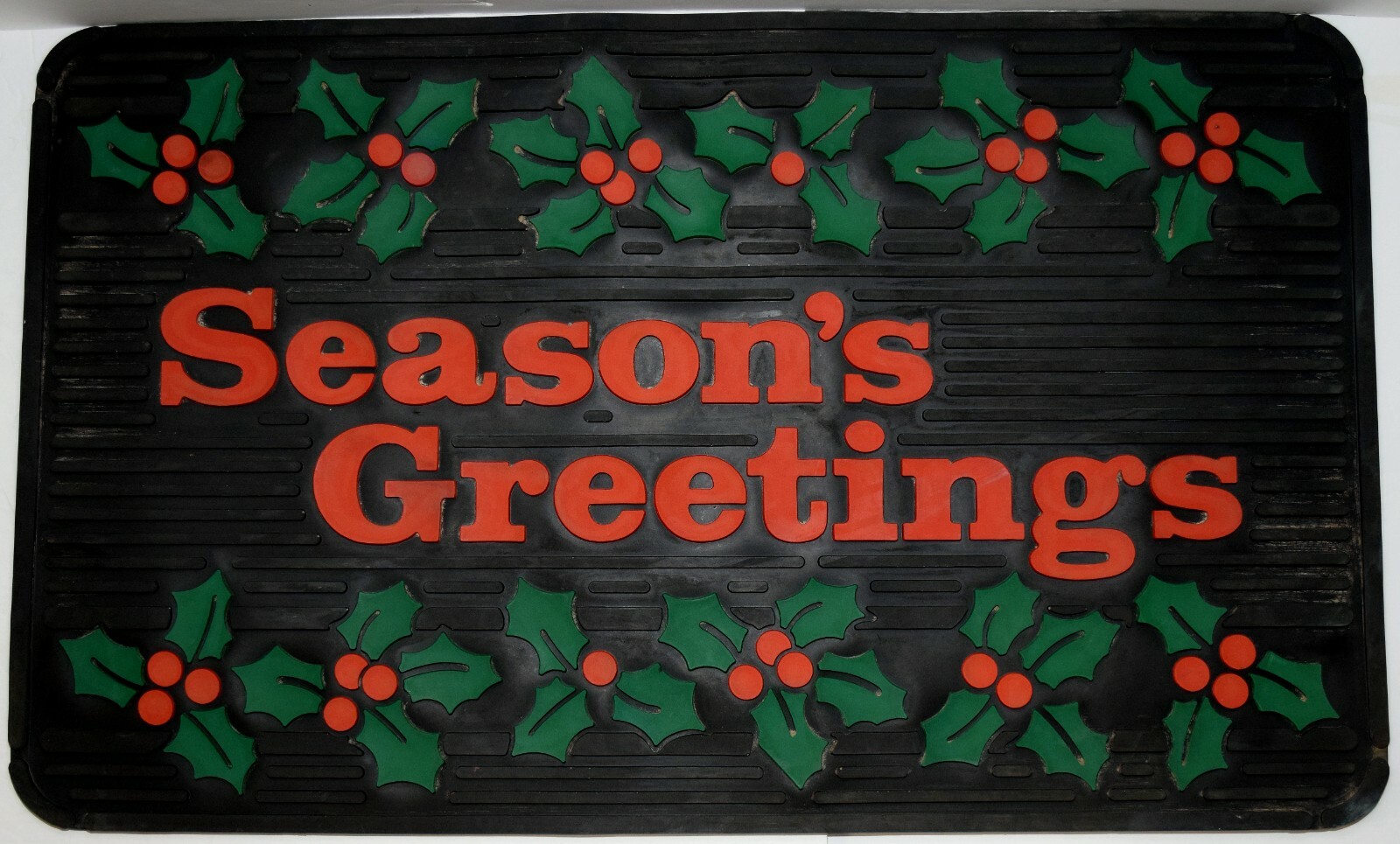 Rare Vintage Season's Greetings Rubber Doormat w Holly Leaves & Berries 17 x 28 Rare Vintage Season's Greetings Rubber Doormat w Holly Leaves & Berries 17 x 28