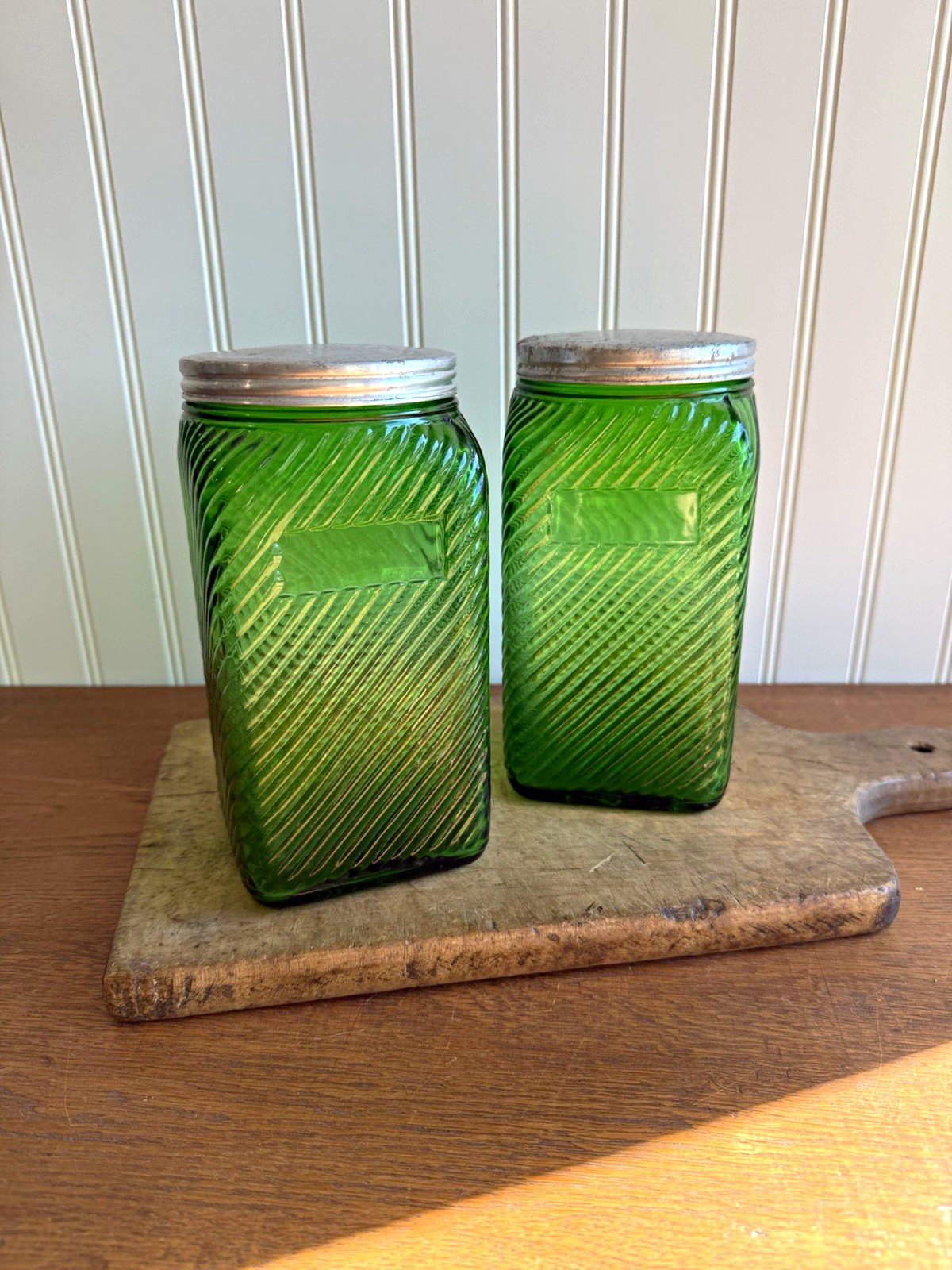 Vintage Owen’s-Illinois Green Ribbed Hoosier Canister Jars