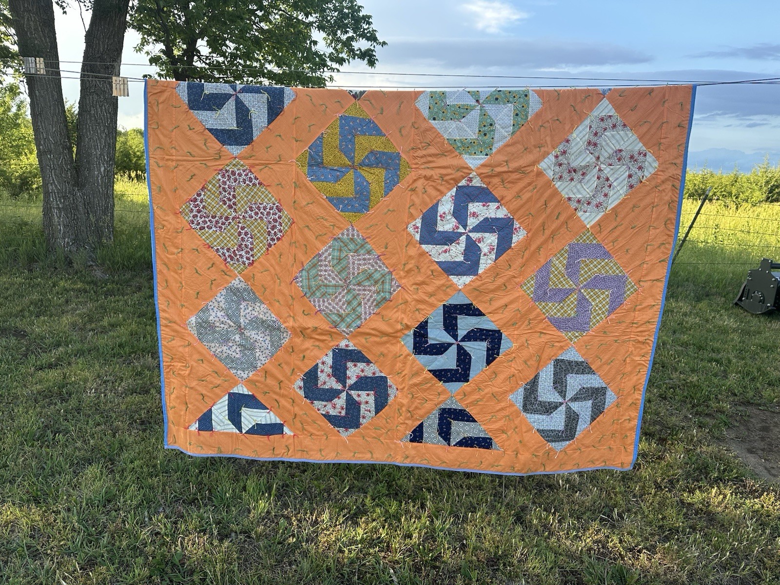 Vintage Hand Stitched Pinwheel Quilt, Approximately 68”x86”, Vibrant Color-EUC Vintage Hand Stitched Pinwheel Quilt, Approximately 68”x86”, Vibrant Color-EUC