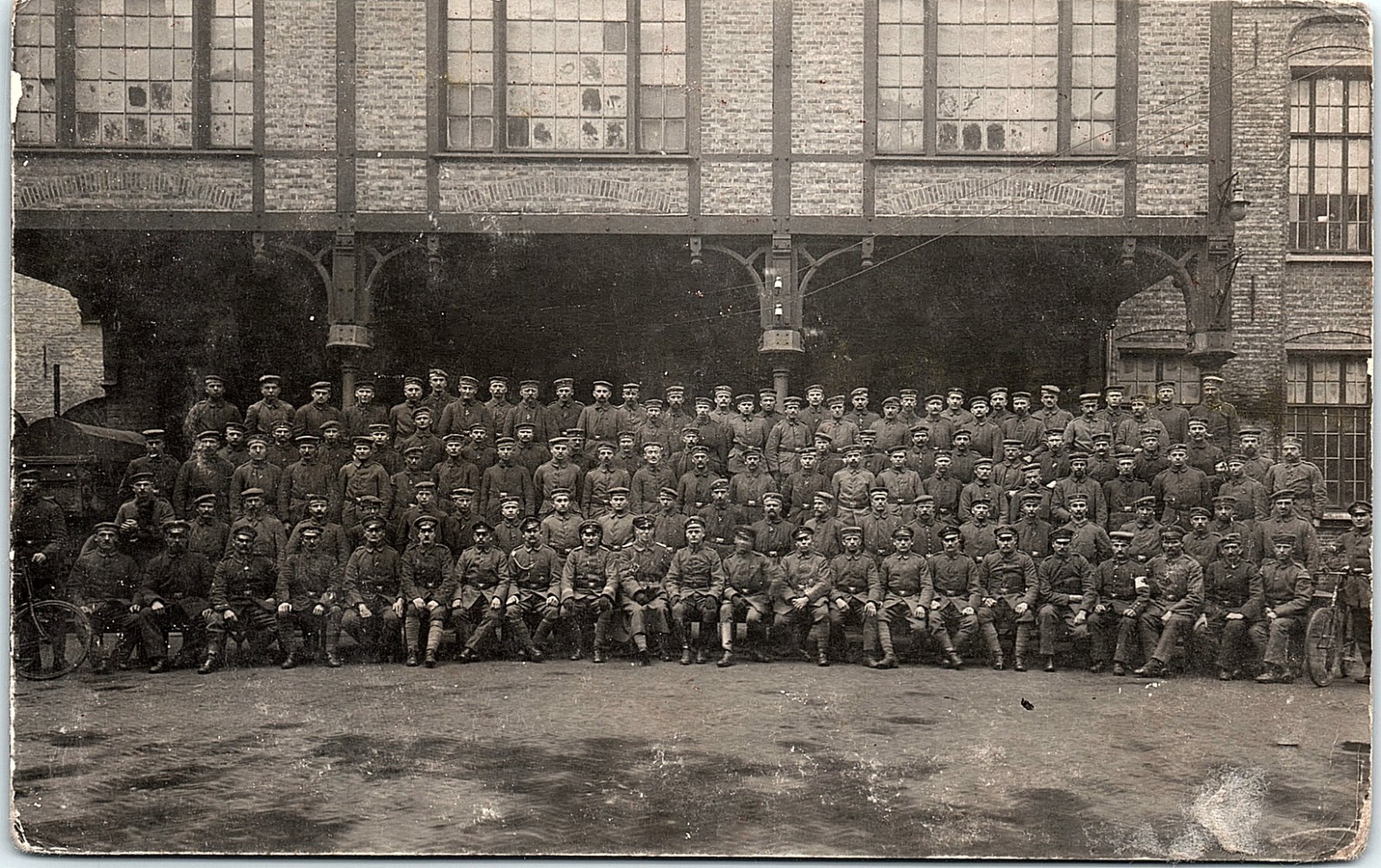 WWI Era RPPC Large Military Soldier Group Factory Courtyard Real Photo Postcard WWI Era RPPC Large Military Soldier Group Factory Courtyard Real Photo Postcard
