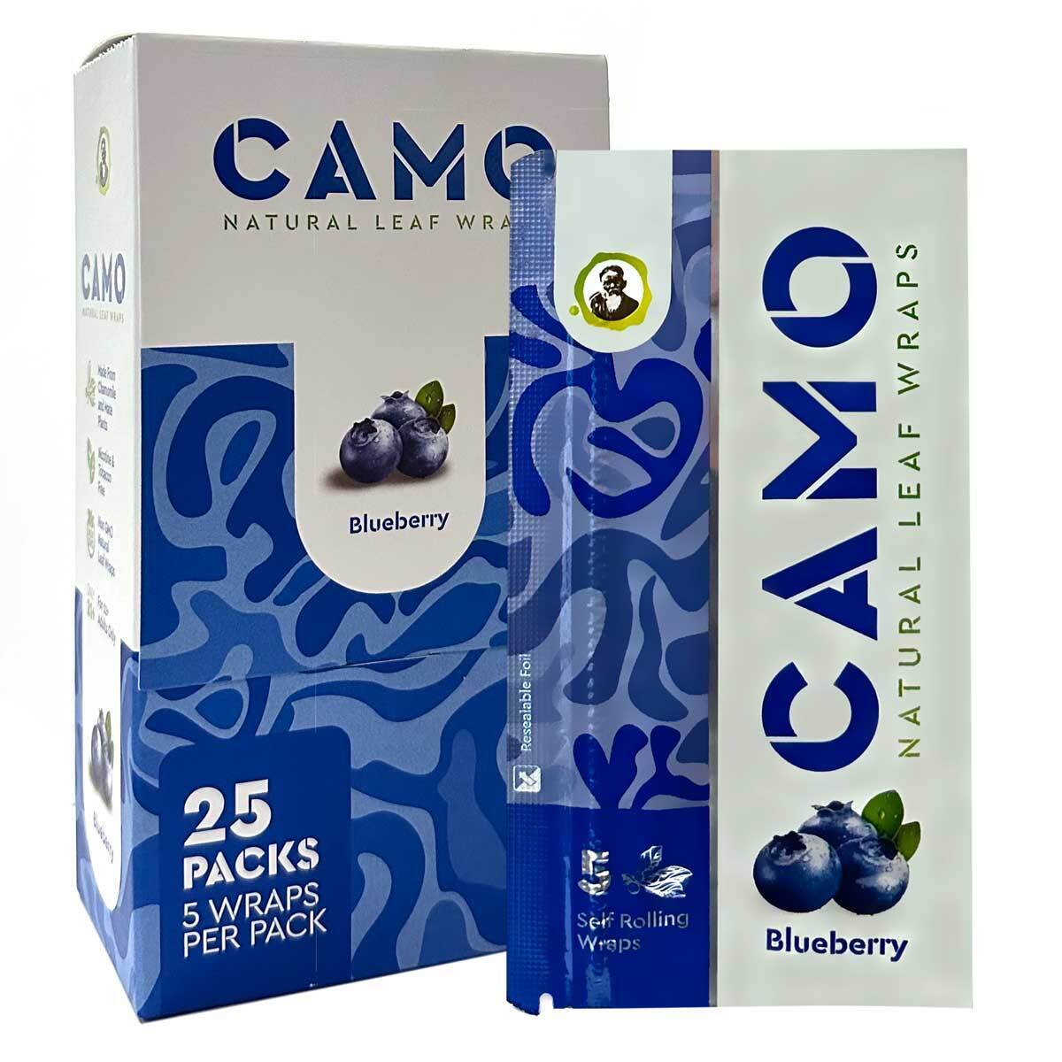 Camo Natural Leaf Wraps BLUEBERRY Self Rolling Herbal Wraps 25 Packs, Full Box