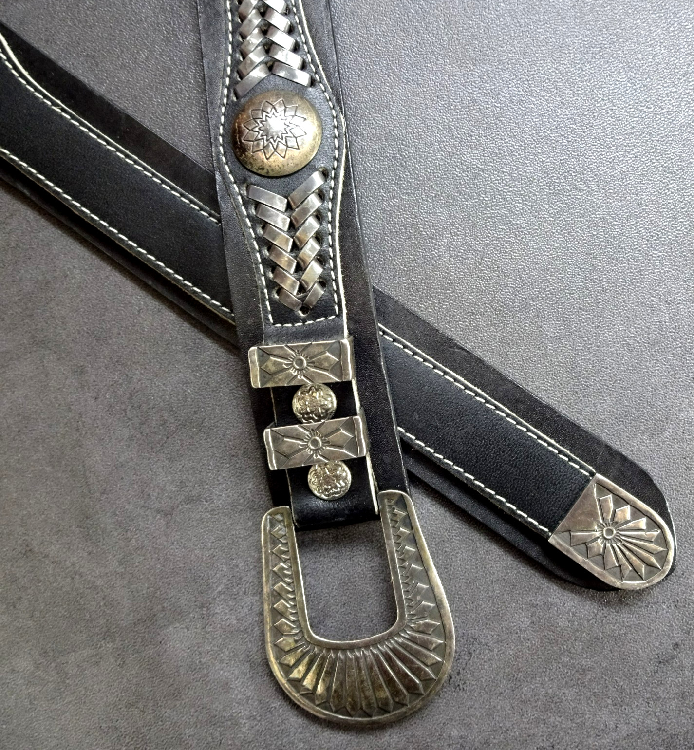 Navajo FRANK ARMSTRONG Sterling Silver Concho BLACK LEATHER BELT New Old Stock Navajo FRANK ARMSTRONG Sterling Silver Concho BLACK LEATHER BELT New Old Stock