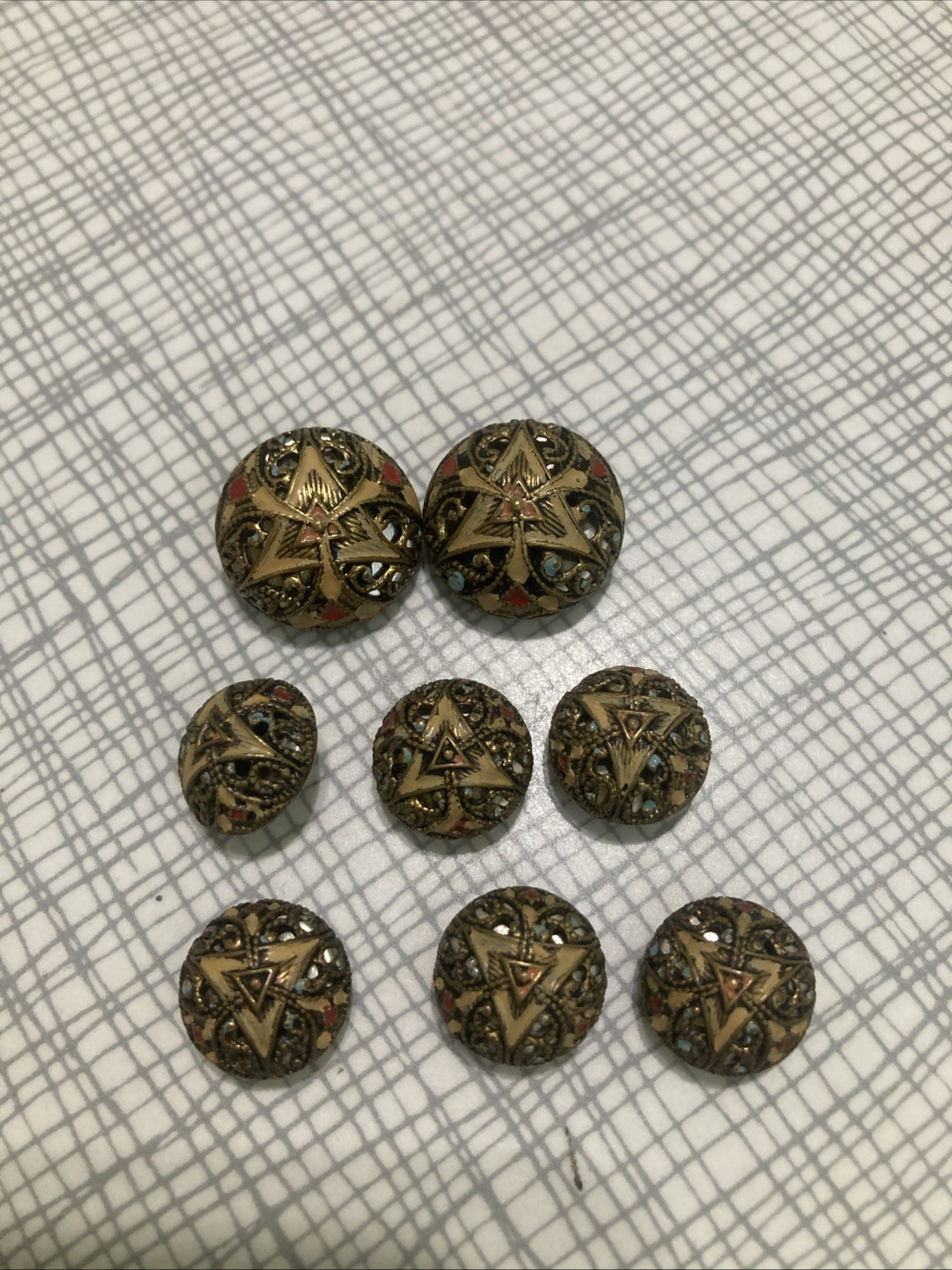 Lot 8 Antique Czech Champleve Enamel Buttons Filigree Triangle 1920s Art Deco Lot 8 Antique Czech Champleve Enamel Buttons Filigree Triangle 1920s Art Deco