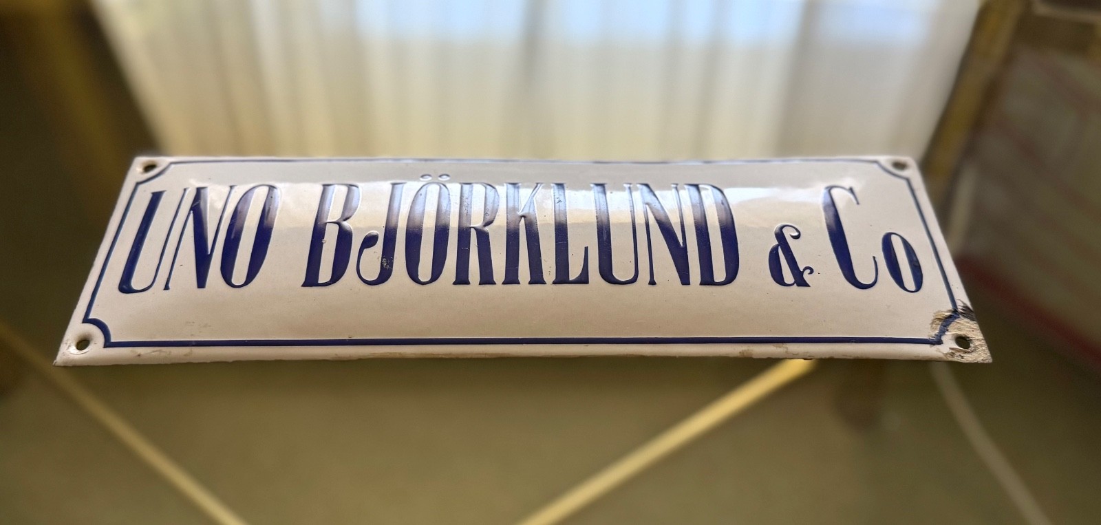 Vintage Finnish Porcelain Enamel Sign Uno Björklund & Co Bank Door Plaque 12x4 Vintage Finnish Porcelain Enamel Sign Uno Björklund & Co Bank Door Plaque 12x4