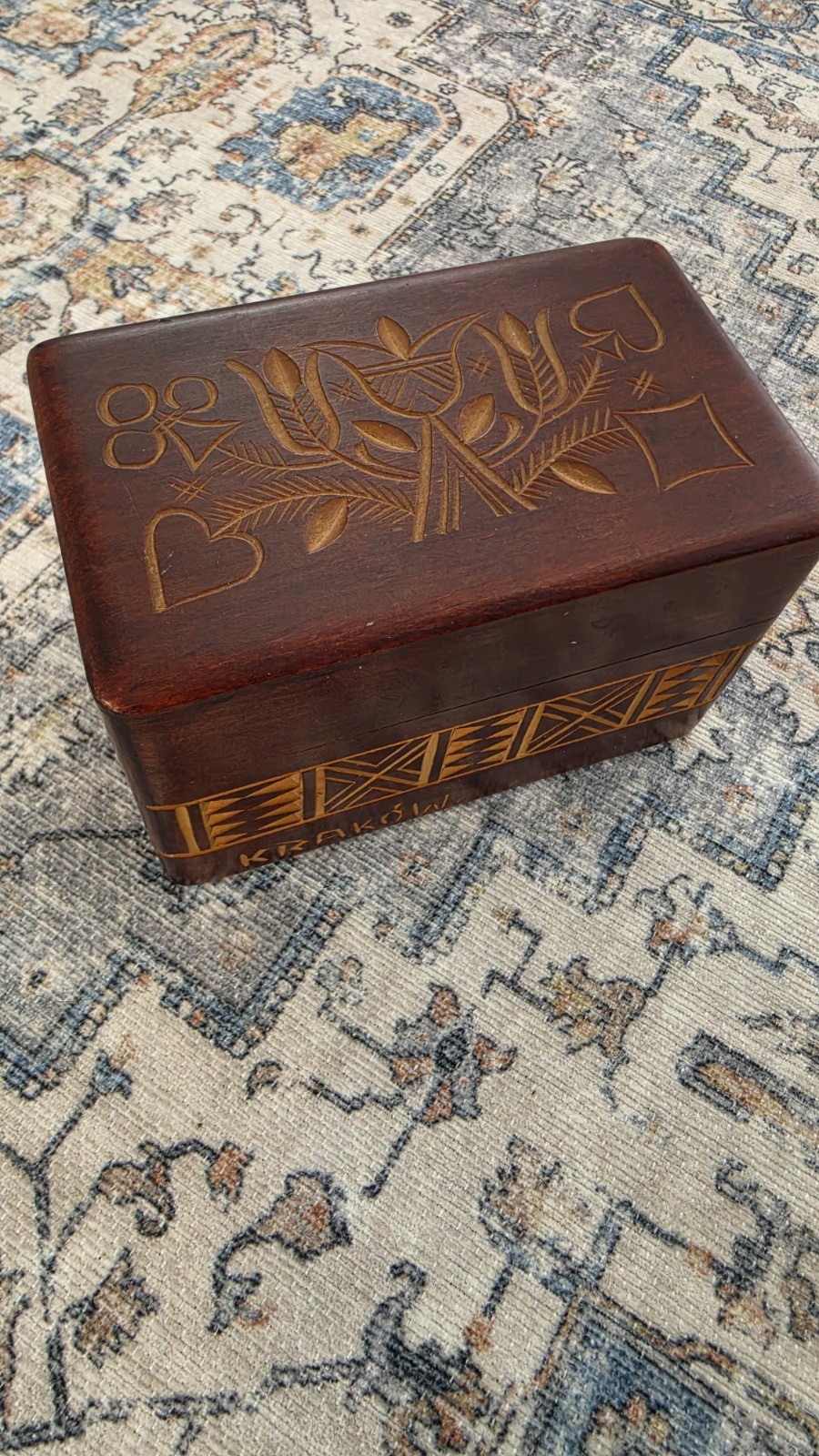 Vintage Hand Carved Wooden Playing Card Box Poland 4.5X2.75X3\