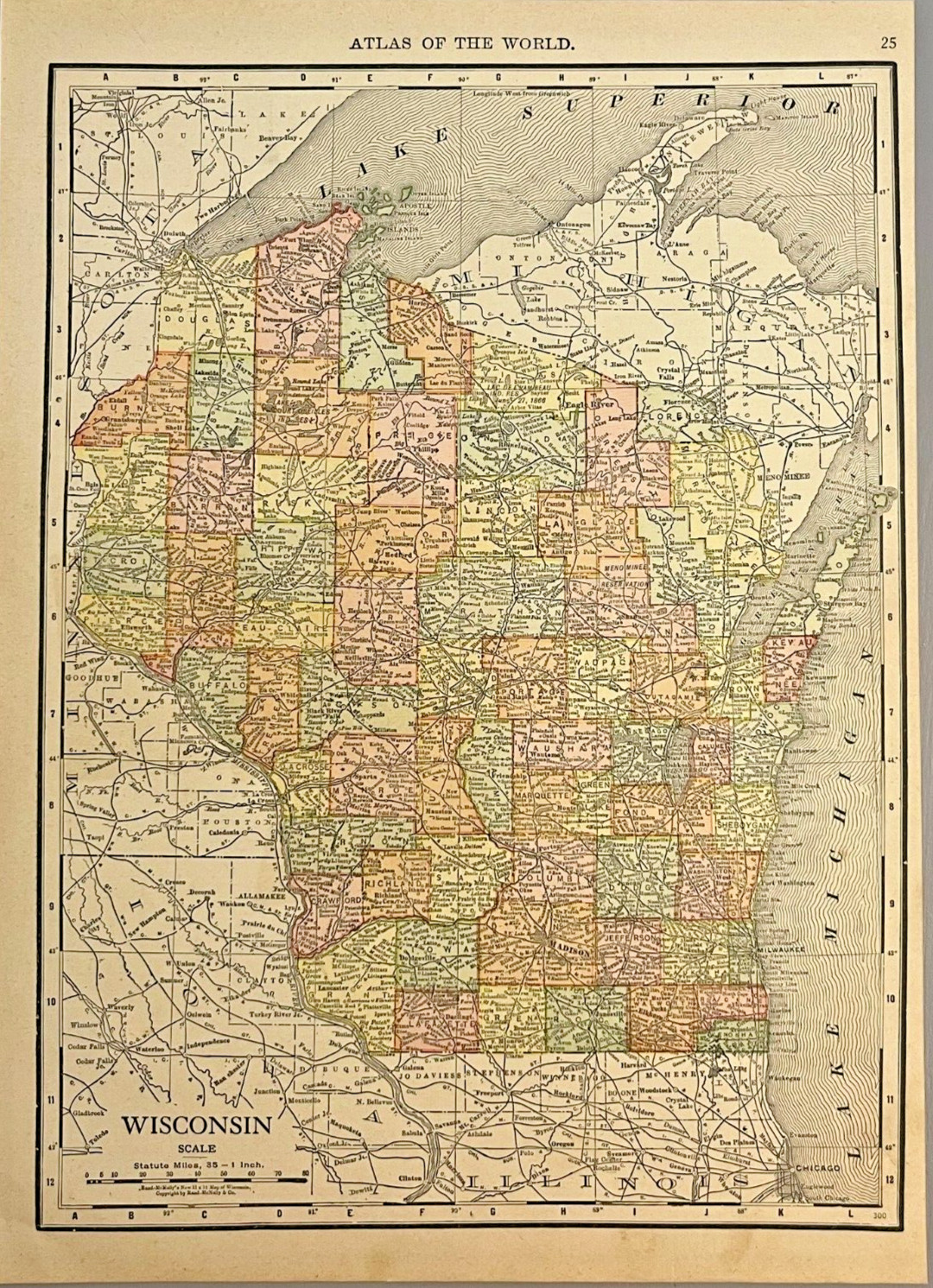 Michigan Illinois Antique State Map Rand McNally Vintage 1914