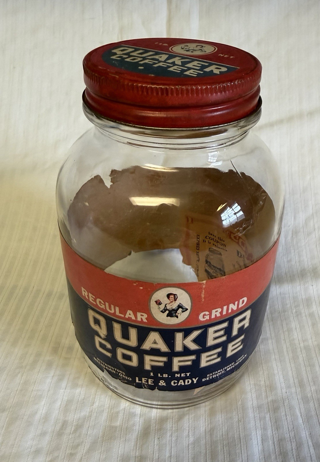 Vintage Quaker Coffee Jar & Lid 1 LB 1940 Detroit Michigan Lee & Cady Label Vintage Quaker Coffee Jar & Lid 1 LB 1940 Detroit Michigan Lee & Cady Label
